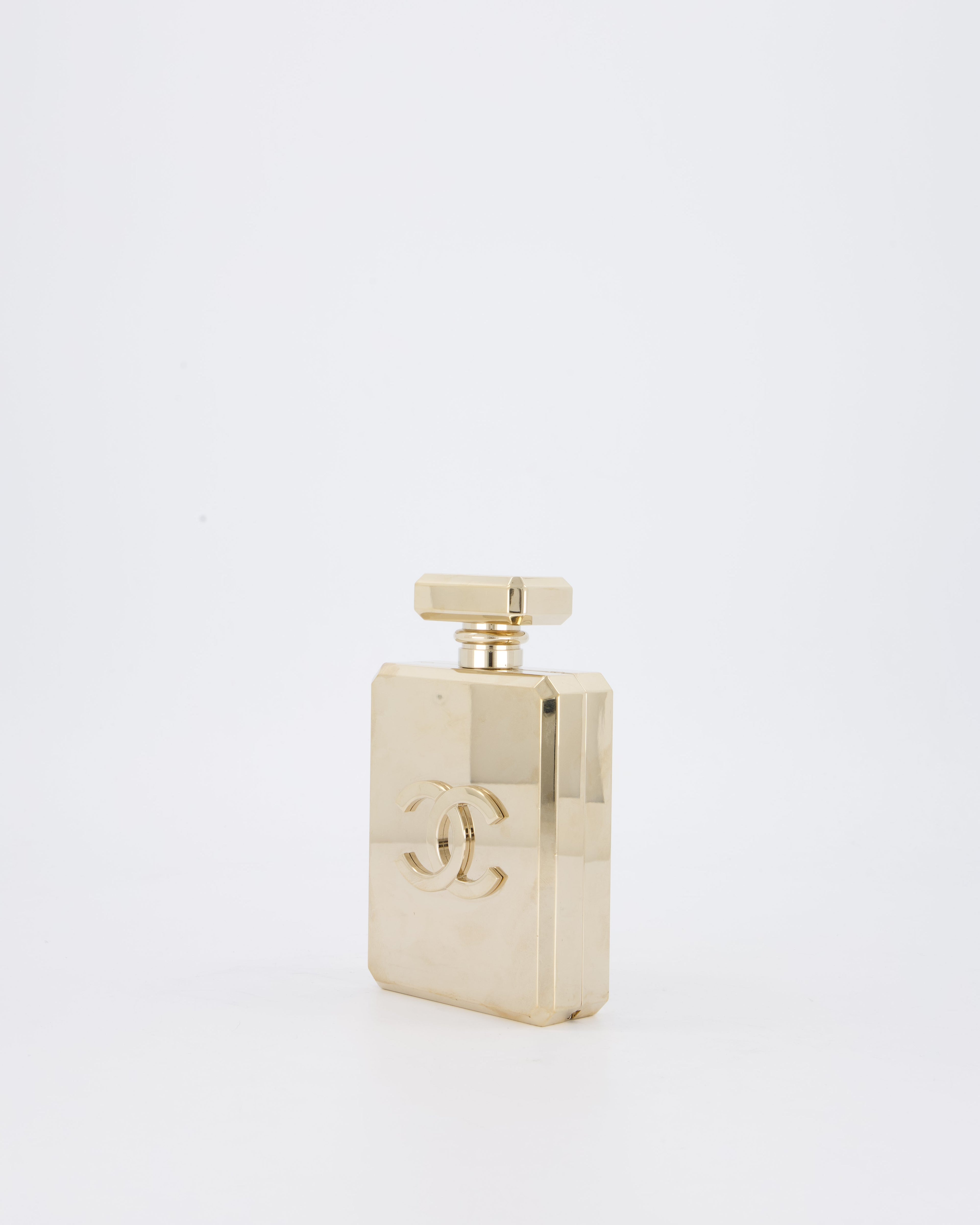 Chanel 2022 Gold Minaudière Perfume Bottle with Chanel CC Logo and Letter Details