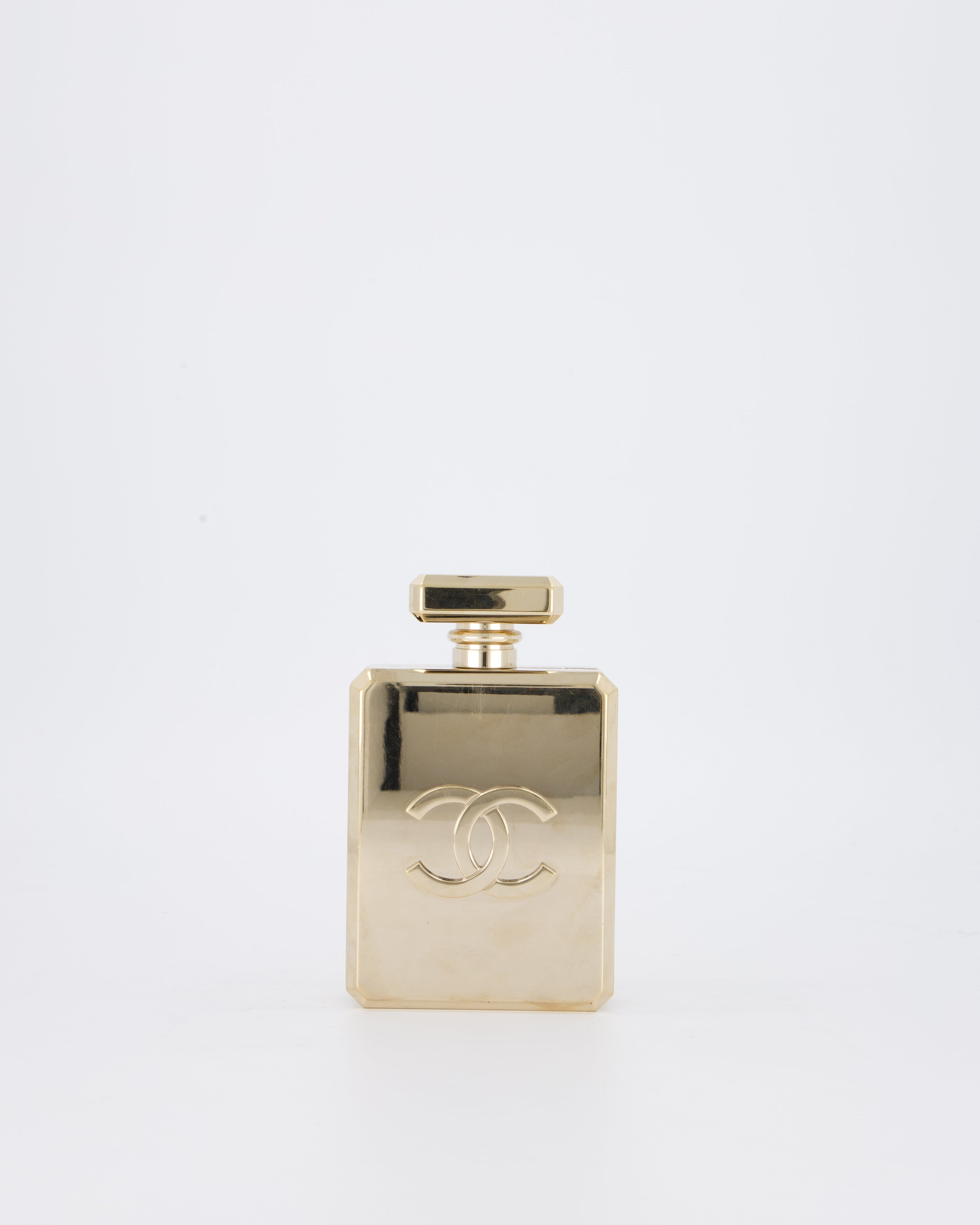 Chanel 2022 Gold Minaudière Perfume Bottle with Chanel CC Logo and Letter Details