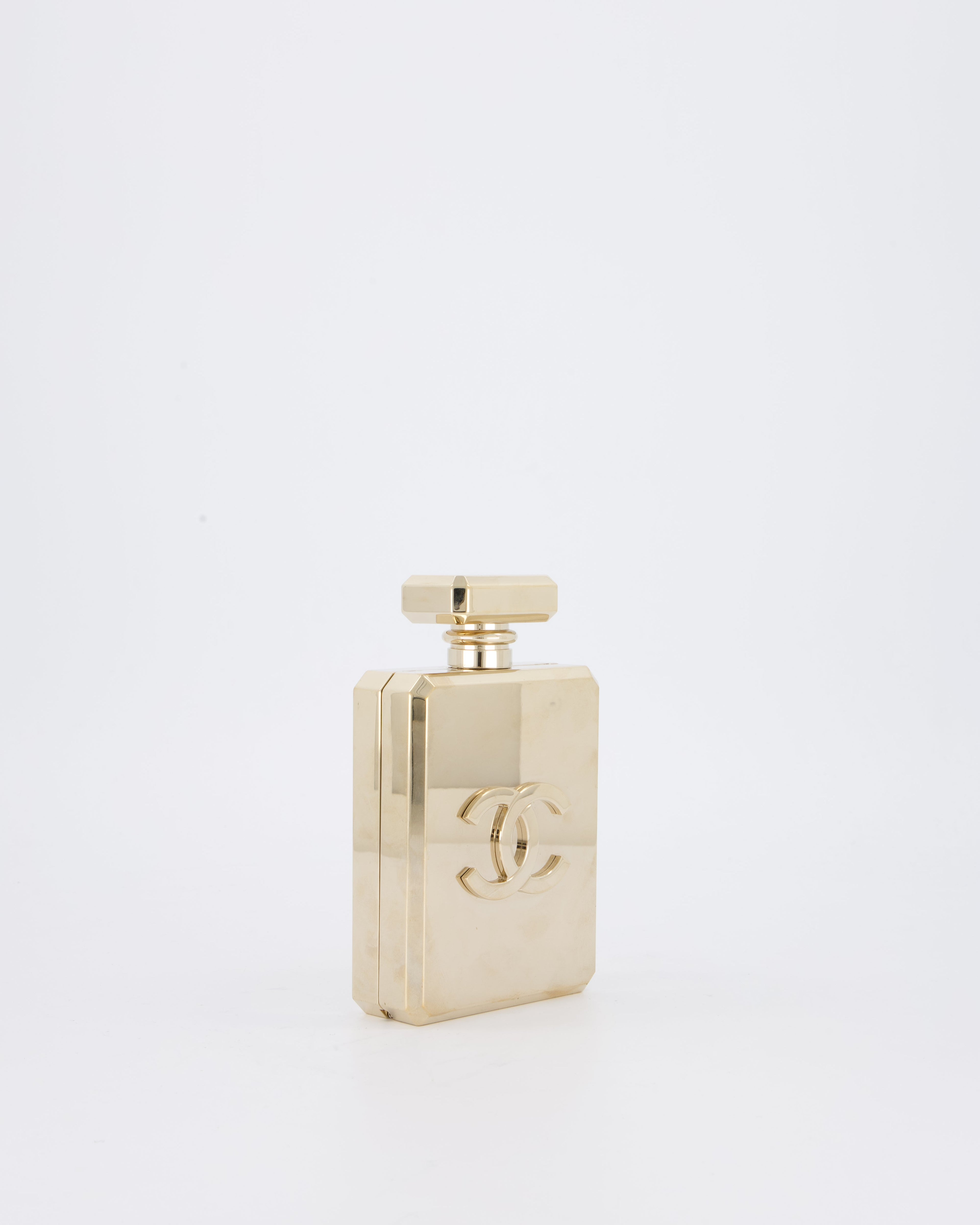 Chanel 2022 Gold Minaudière Perfume Bottle with Chanel CC Logo and Letter Details