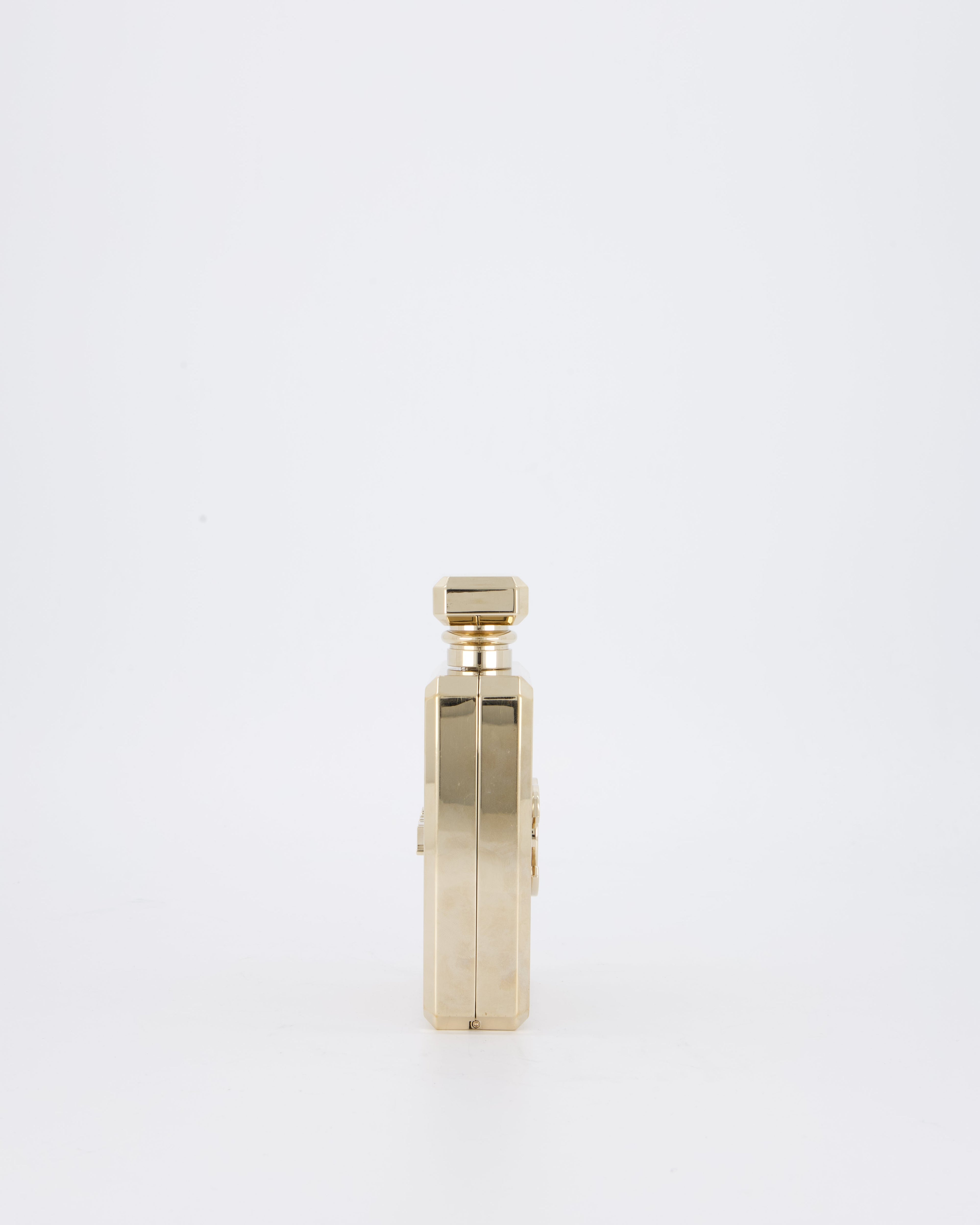 Chanel 2022 Gold Minaudière Perfume Bottle with Chanel CC Logo and Letter Details