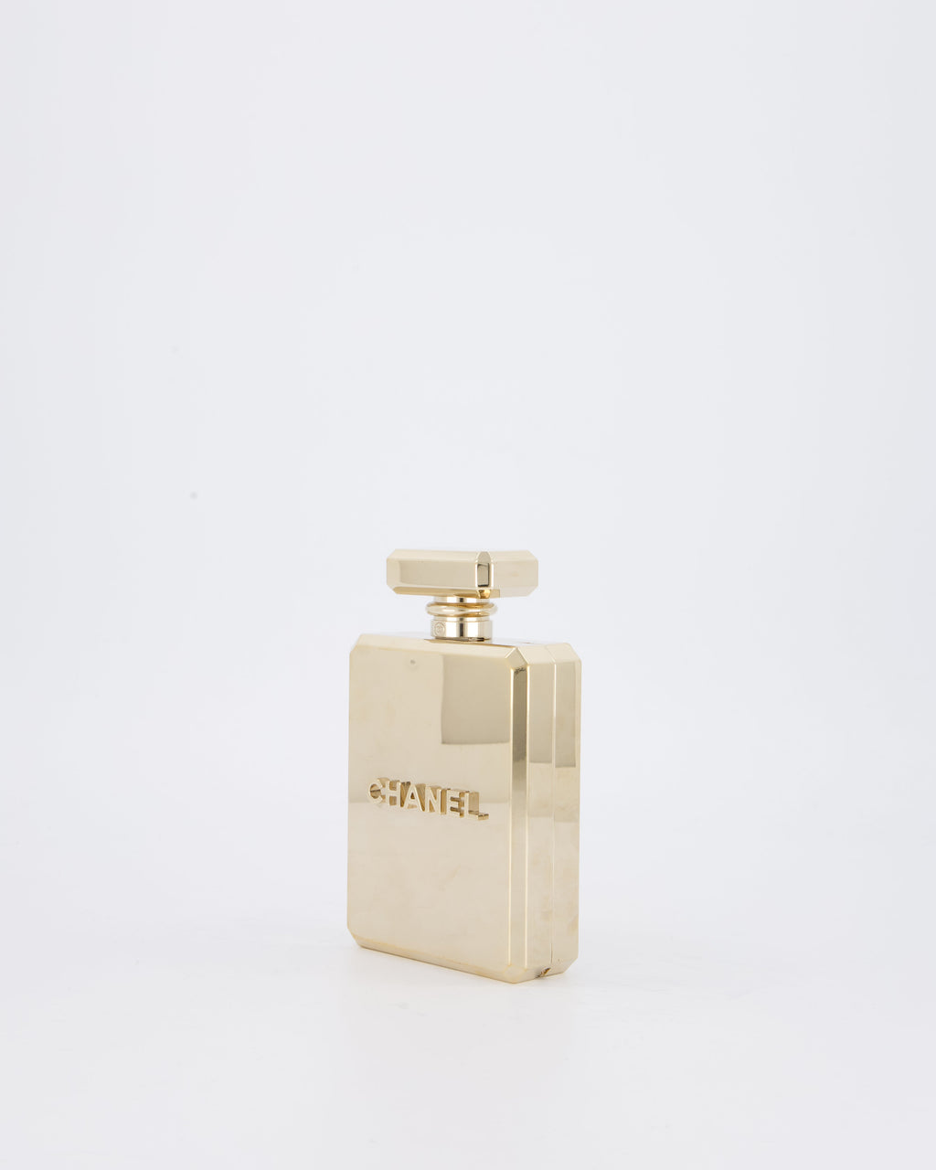 Chanel 2022 Gold Minaudière Perfume Bottle with Chanel CC Logo and Letter Details
