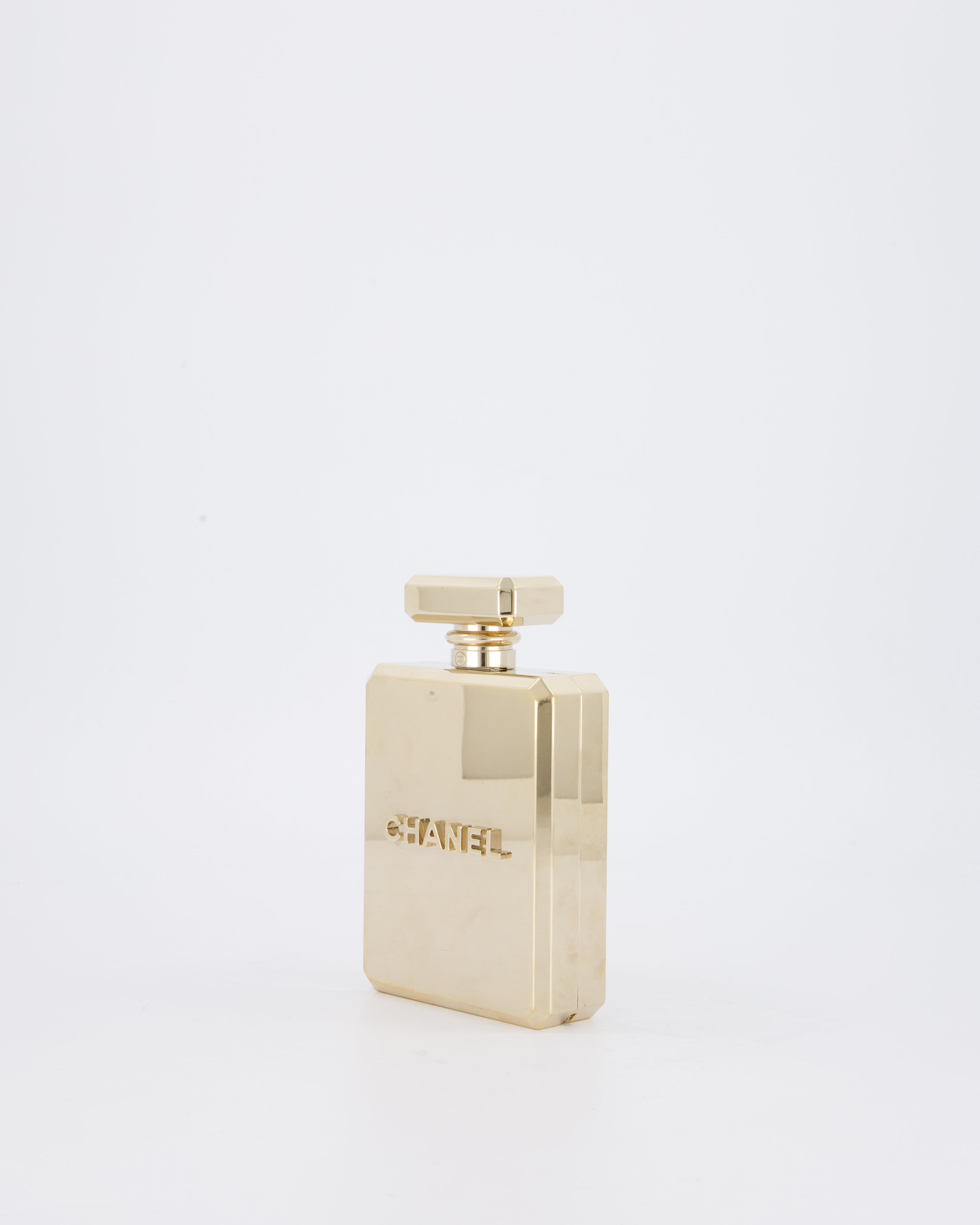Chanel 2022 Gold Minaudière Perfume Bottle with Chanel CC Logo and Letter Details