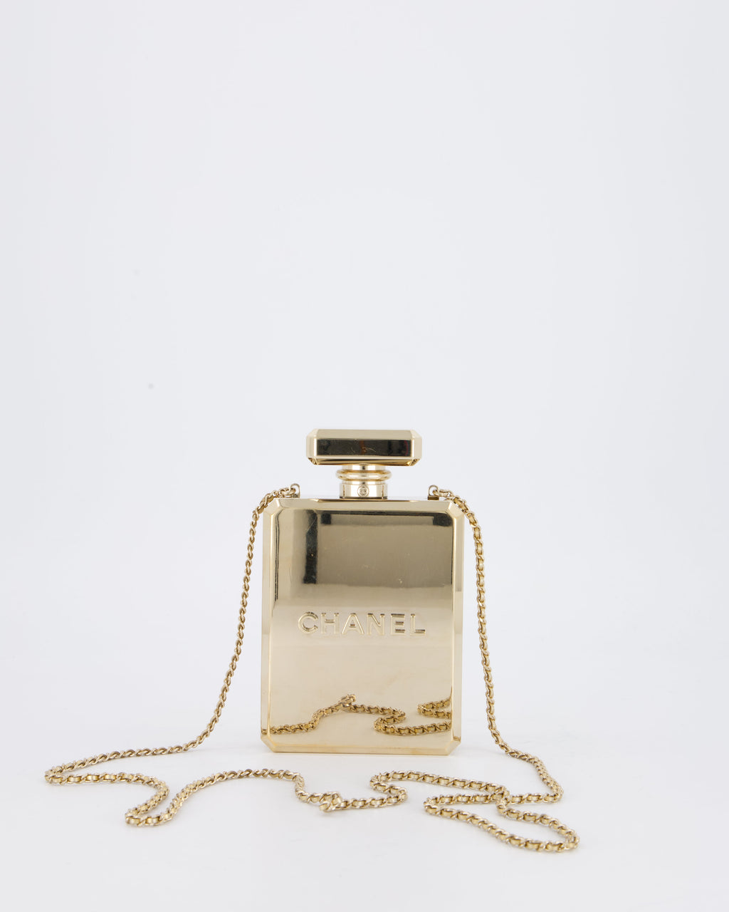 Chanel 2022 Gold Minaudière Perfume Bottle with Chanel CC Logo and Letter Details