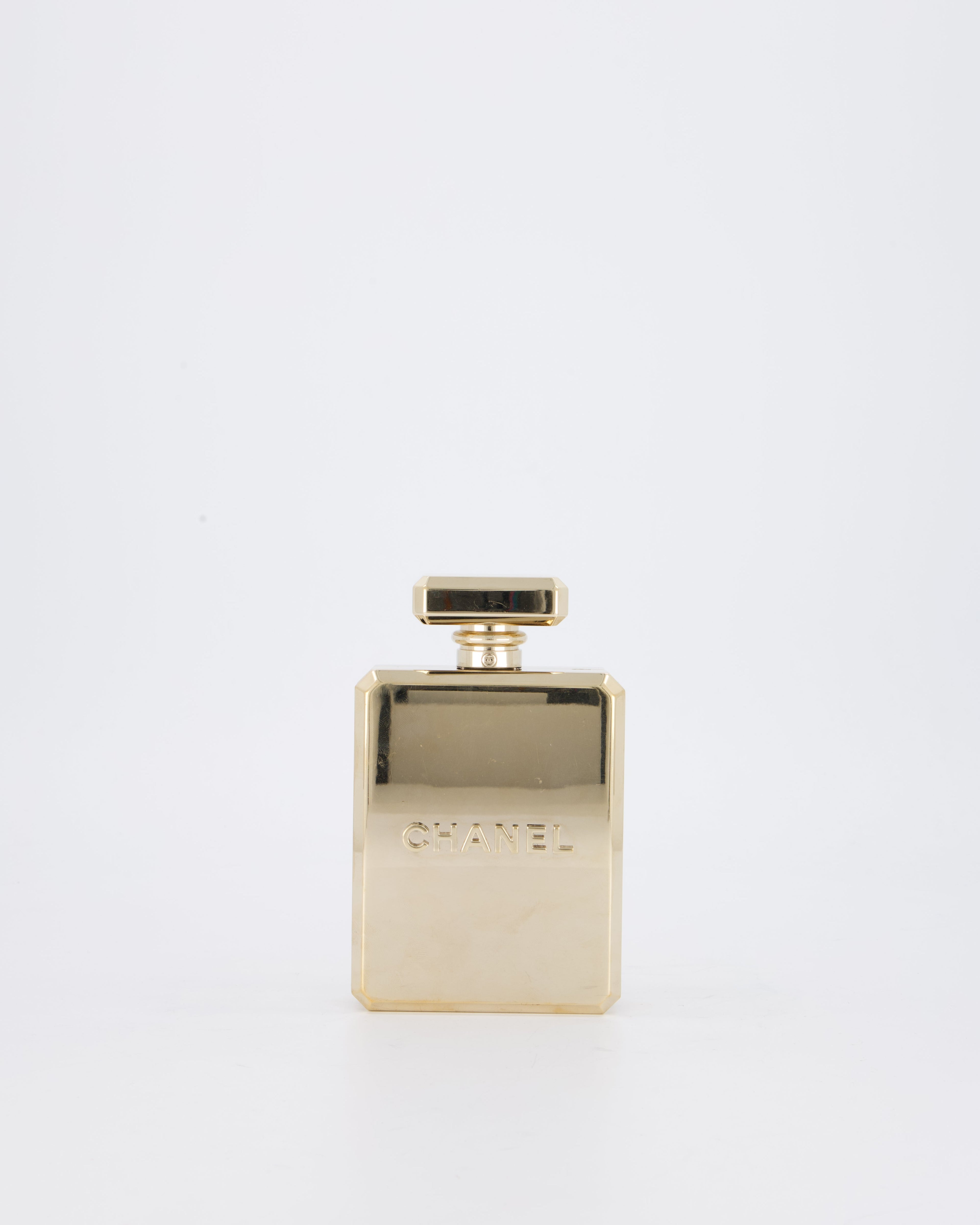 Chanel 2022 Gold Minaudière Perfume Bottle with Chanel CC Logo and Letter Details