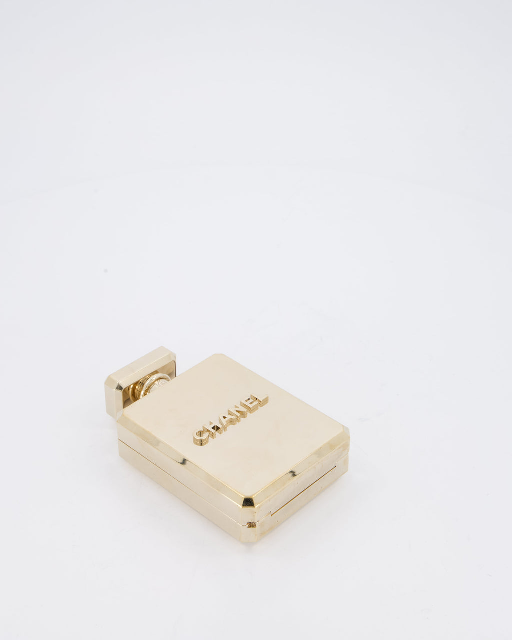 Chanel 2022 Gold Minaudière Perfume Bottle with Chanel CC Logo and Letter Details