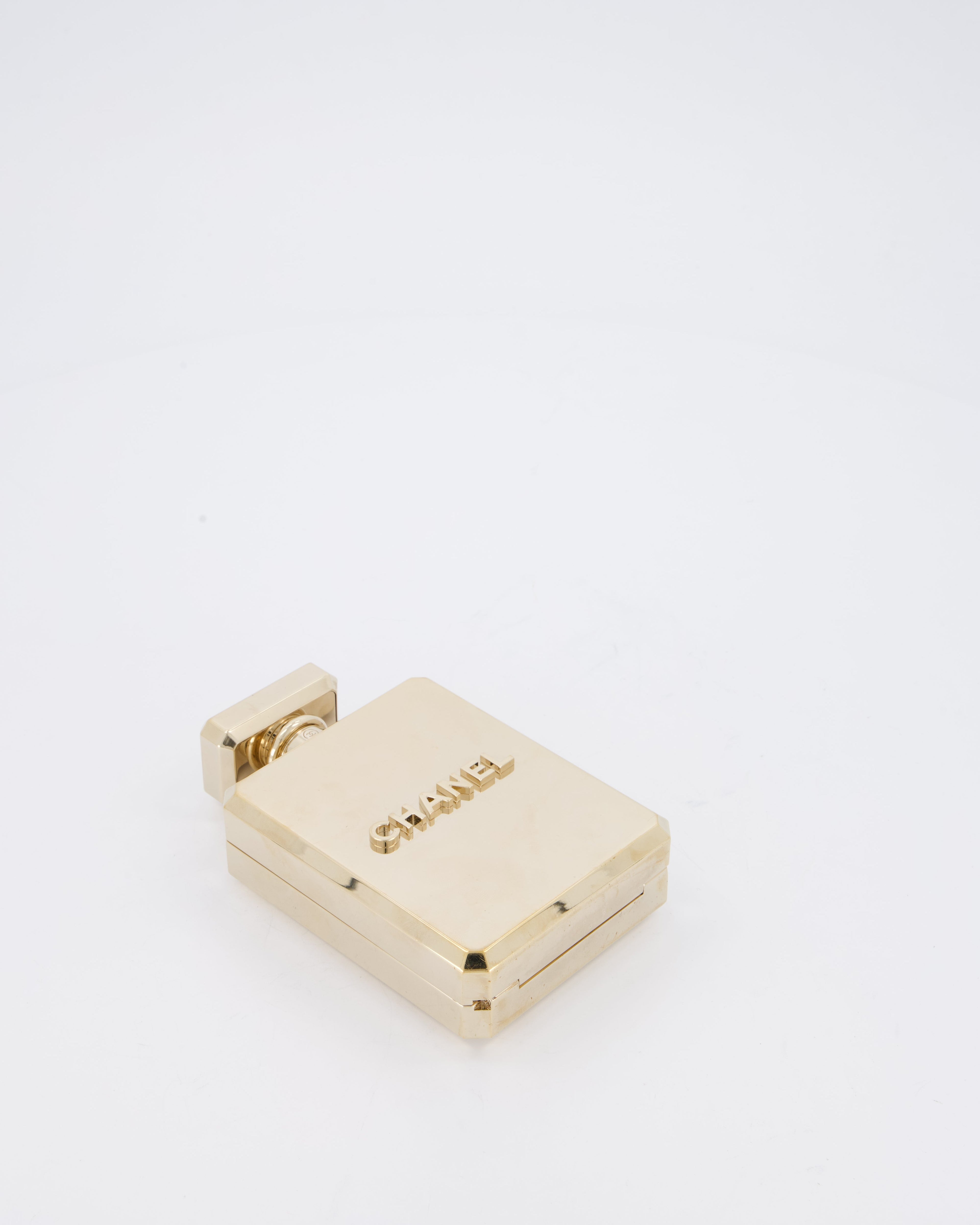 Chanel 2022 Gold Minaudière Perfume Bottle with Chanel CC Logo and Letter Details