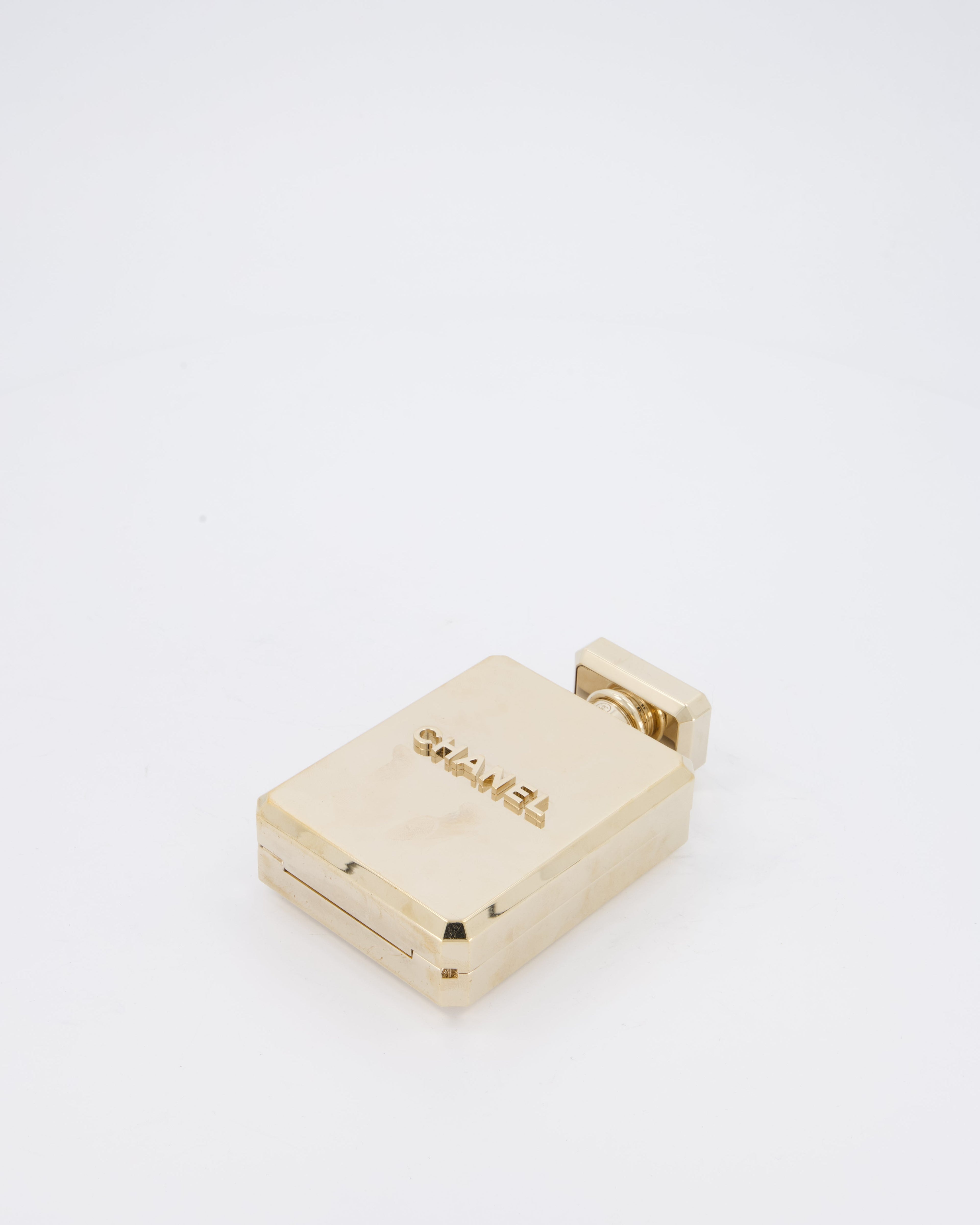 Chanel 2022 Gold Minaudière Perfume Bottle with Chanel CC Logo and Letter Details