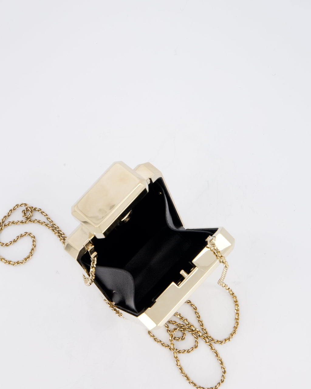 Chanel 2022 Gold Minaudière Perfume Bottle with Chanel CC Logo and Letter Details