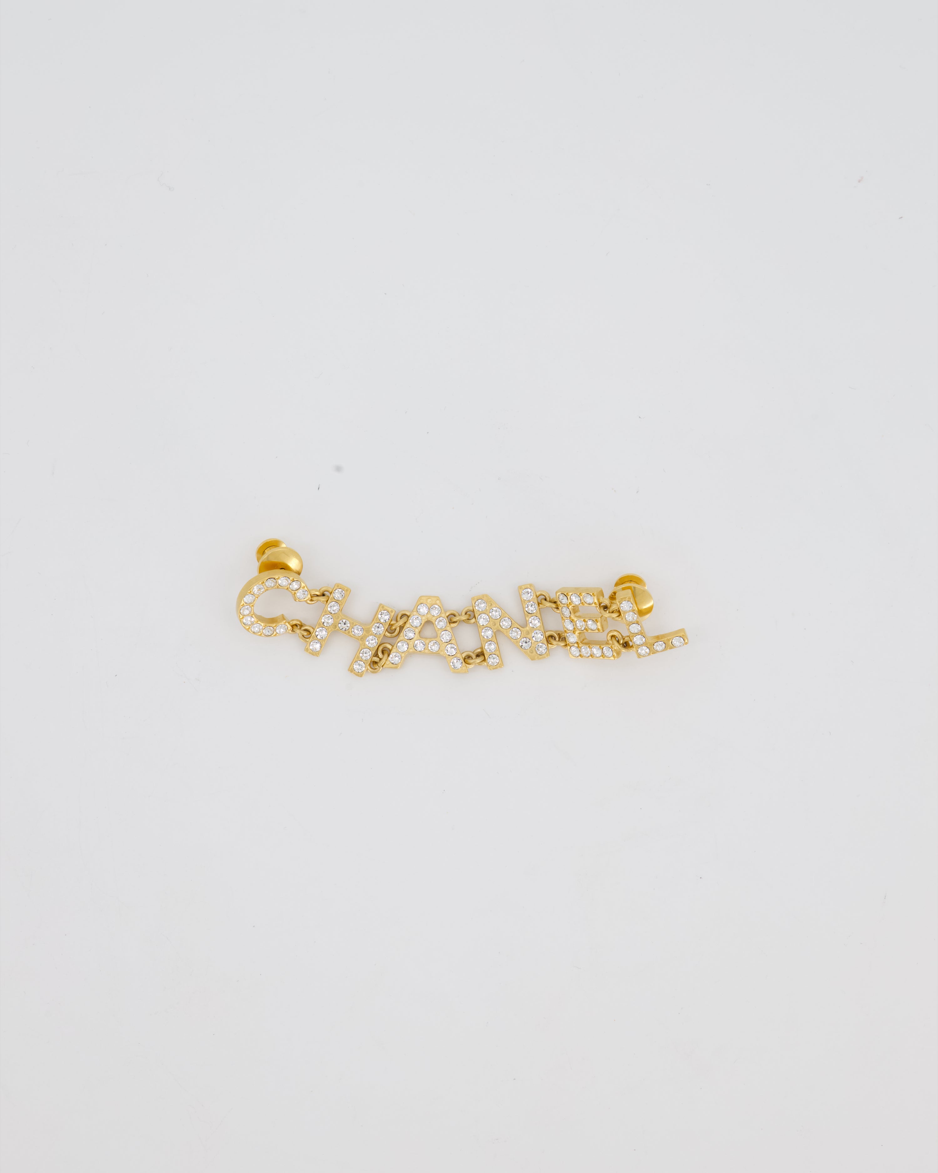 Chanel 2020 Gold Diamante Embellished Logo Brooch