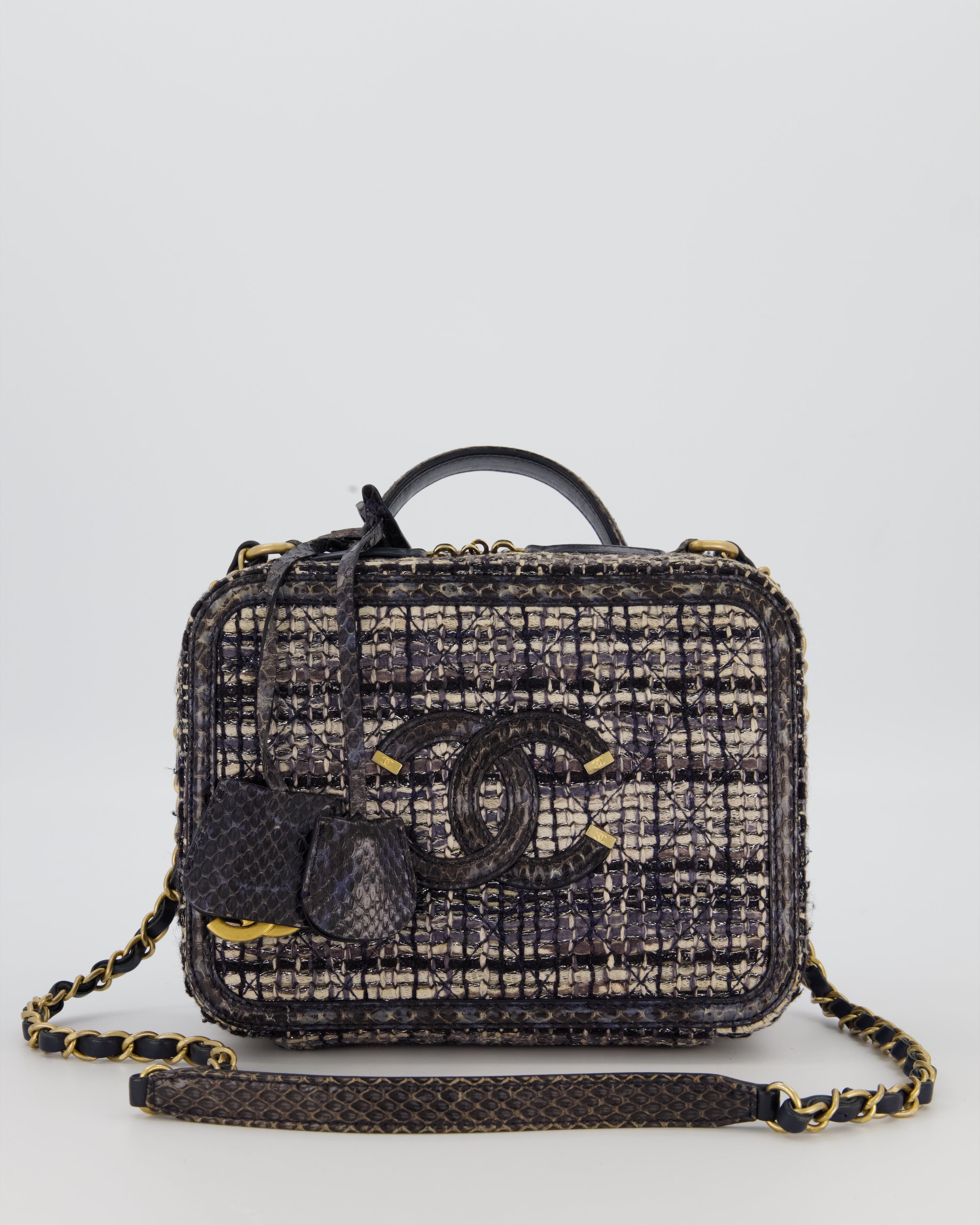 Chanel CC Medium Vanity Case Bag in Navy Tweed and Python Leather with Brushed Gold Hardware