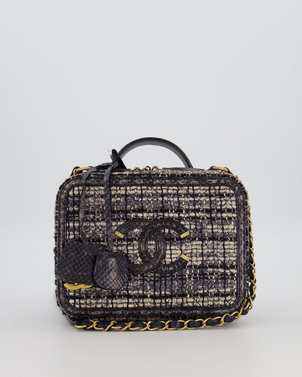 Chanel CC Medium Vanity Case Bag in Navy Tweed and Python Leather with Brushed Gold Hardware