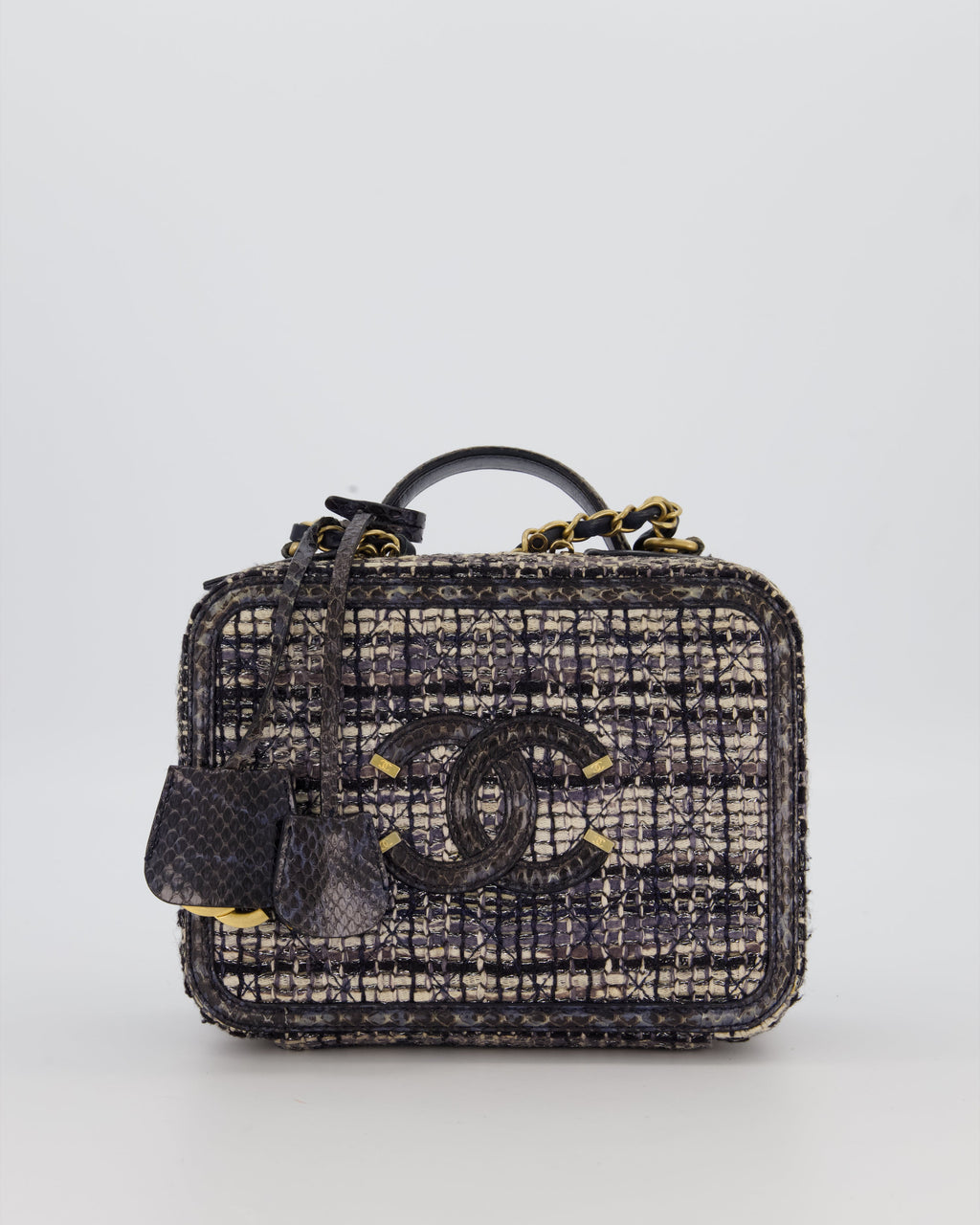 Chanel CC Medium Vanity Case Bag in Navy Tweed and Python Leather with Brushed Gold Hardware