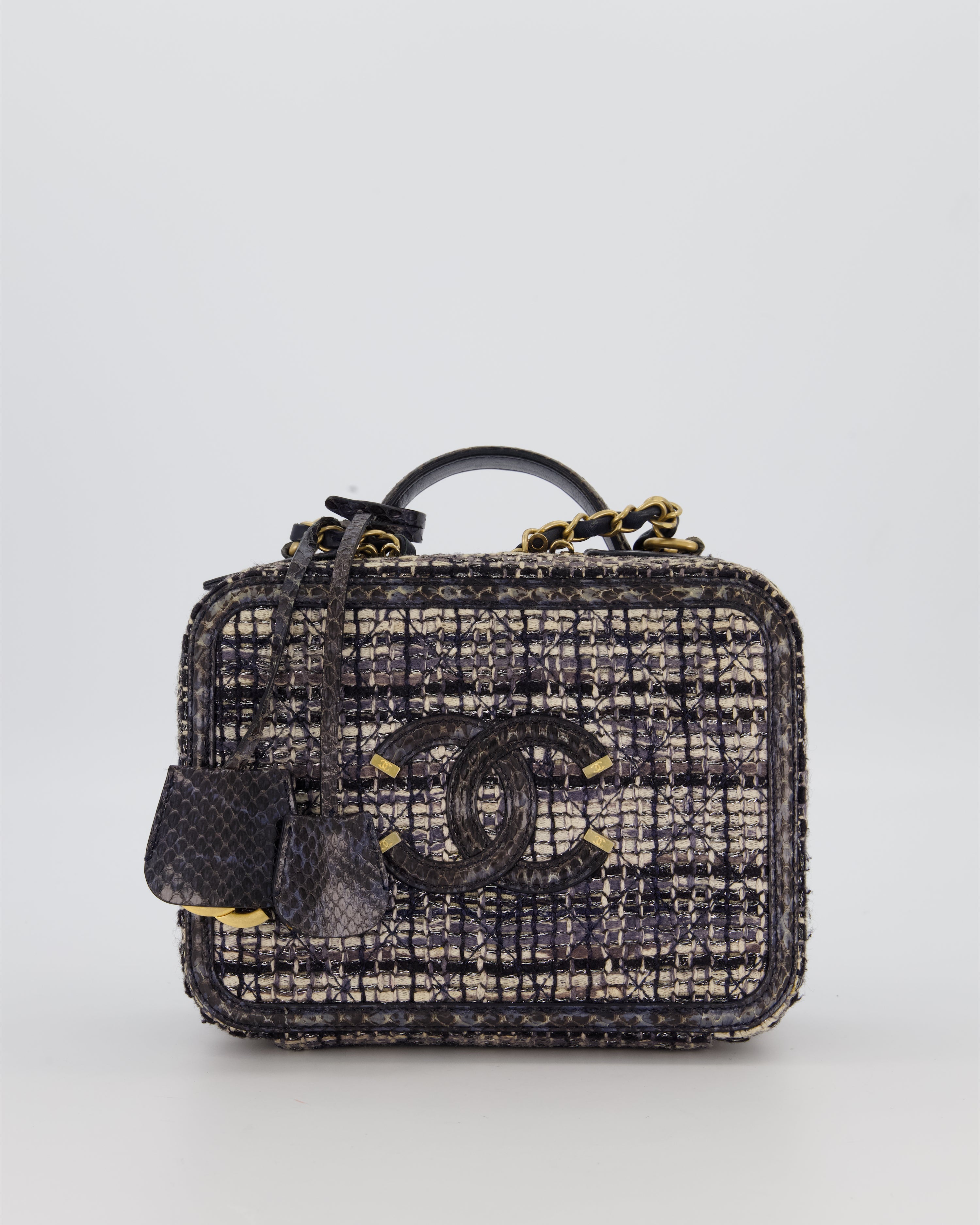 Chanel CC Medium Vanity Case Bag in Navy Tweed and Python Leather with Brushed Gold Hardware