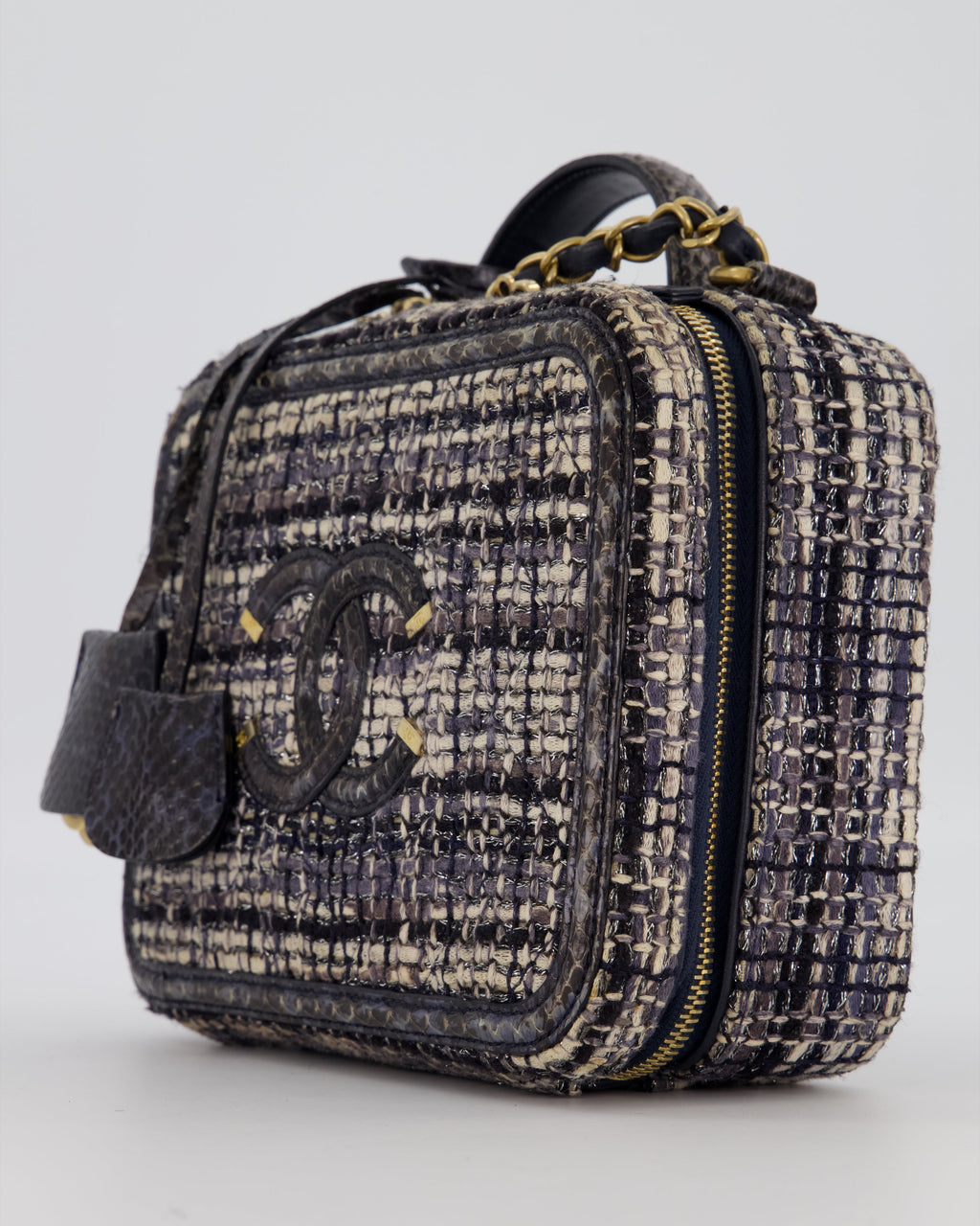 Chanel CC Medium Vanity Case Bag in Navy Tweed and Python Leather with Brushed Gold Hardware