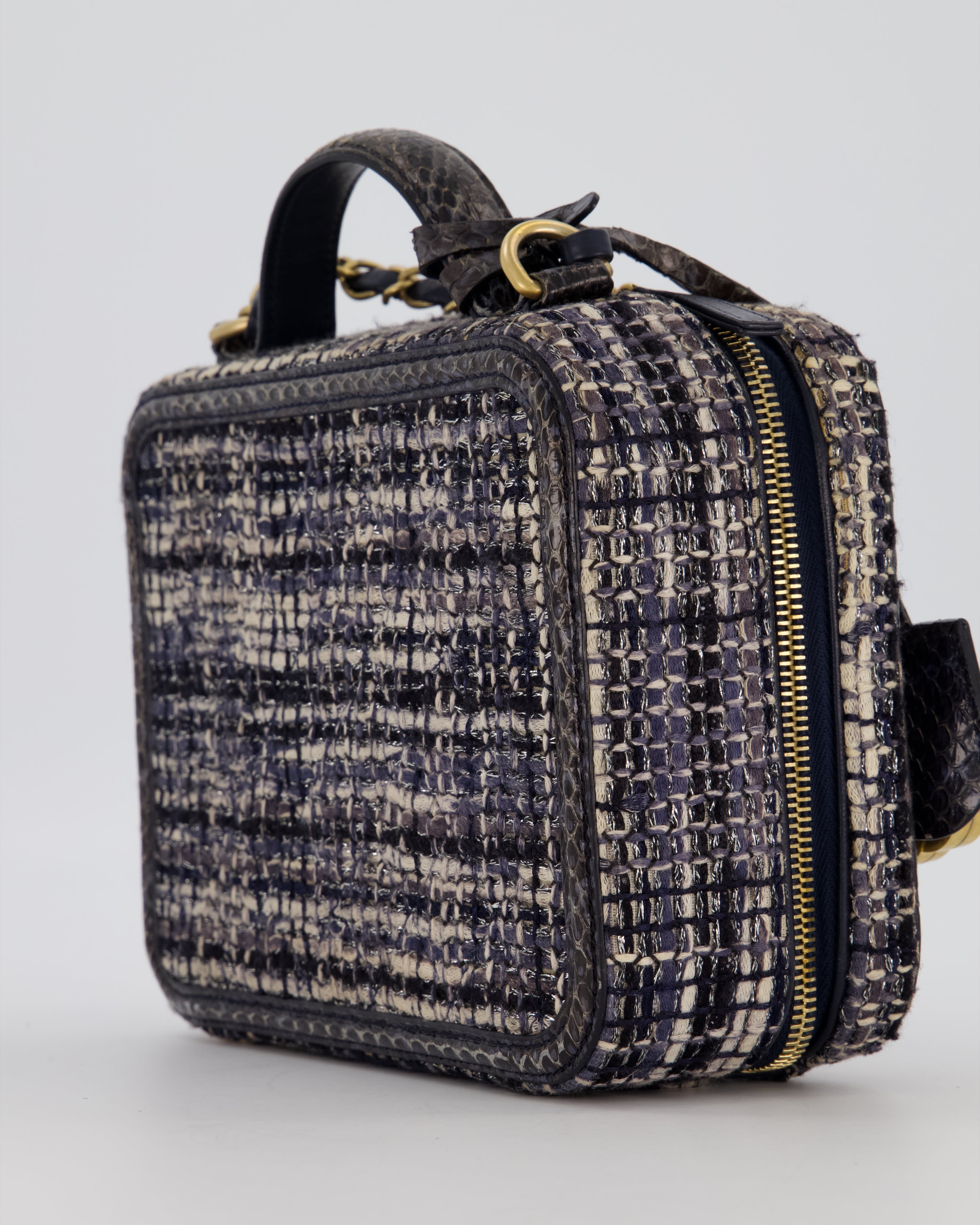 Chanel CC Medium Vanity Case Bag in Navy Tweed and Python Leather with Brushed Gold Hardware