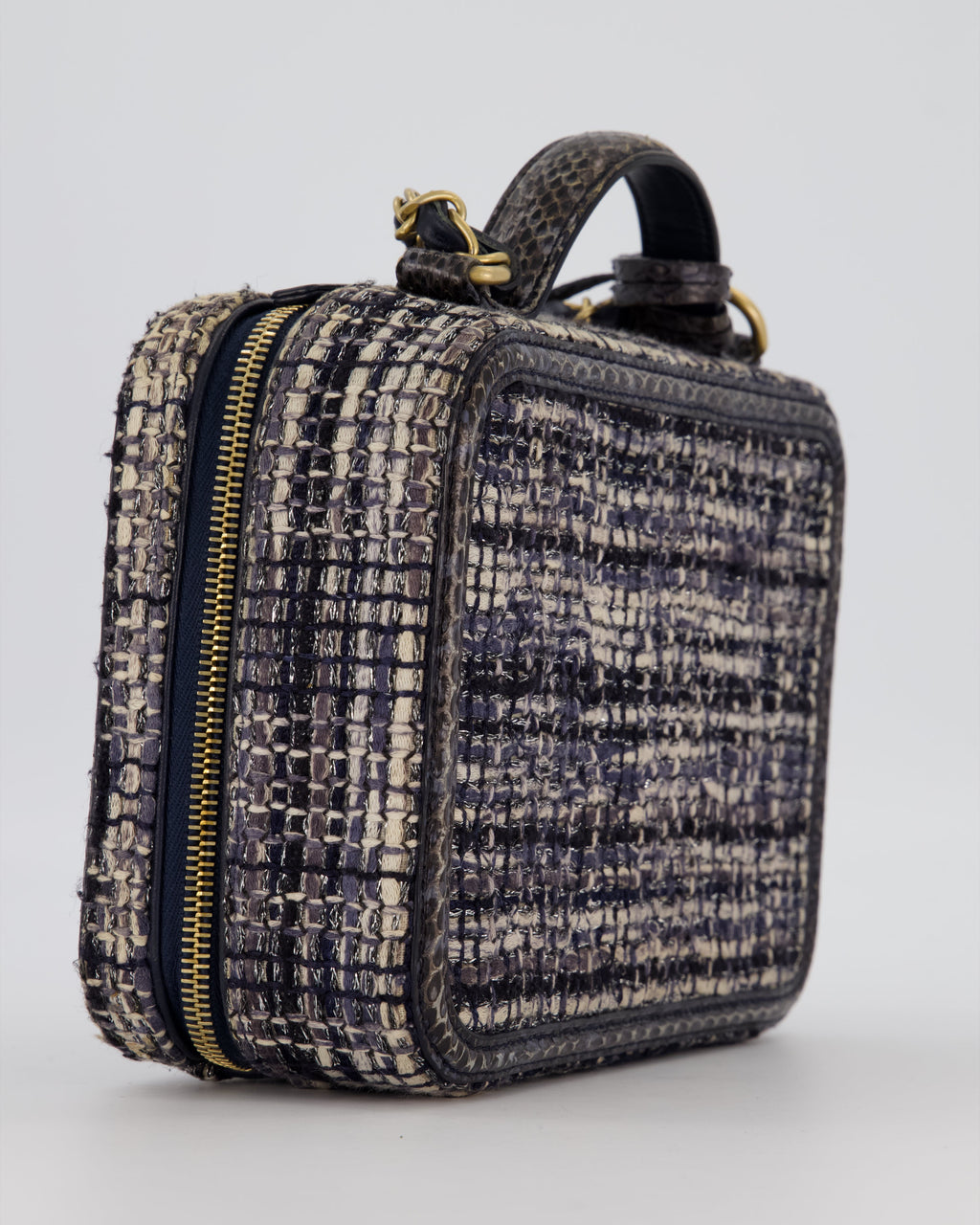 Chanel CC Medium Vanity Case Bag in Navy Tweed and Python Leather with Brushed Gold Hardware
