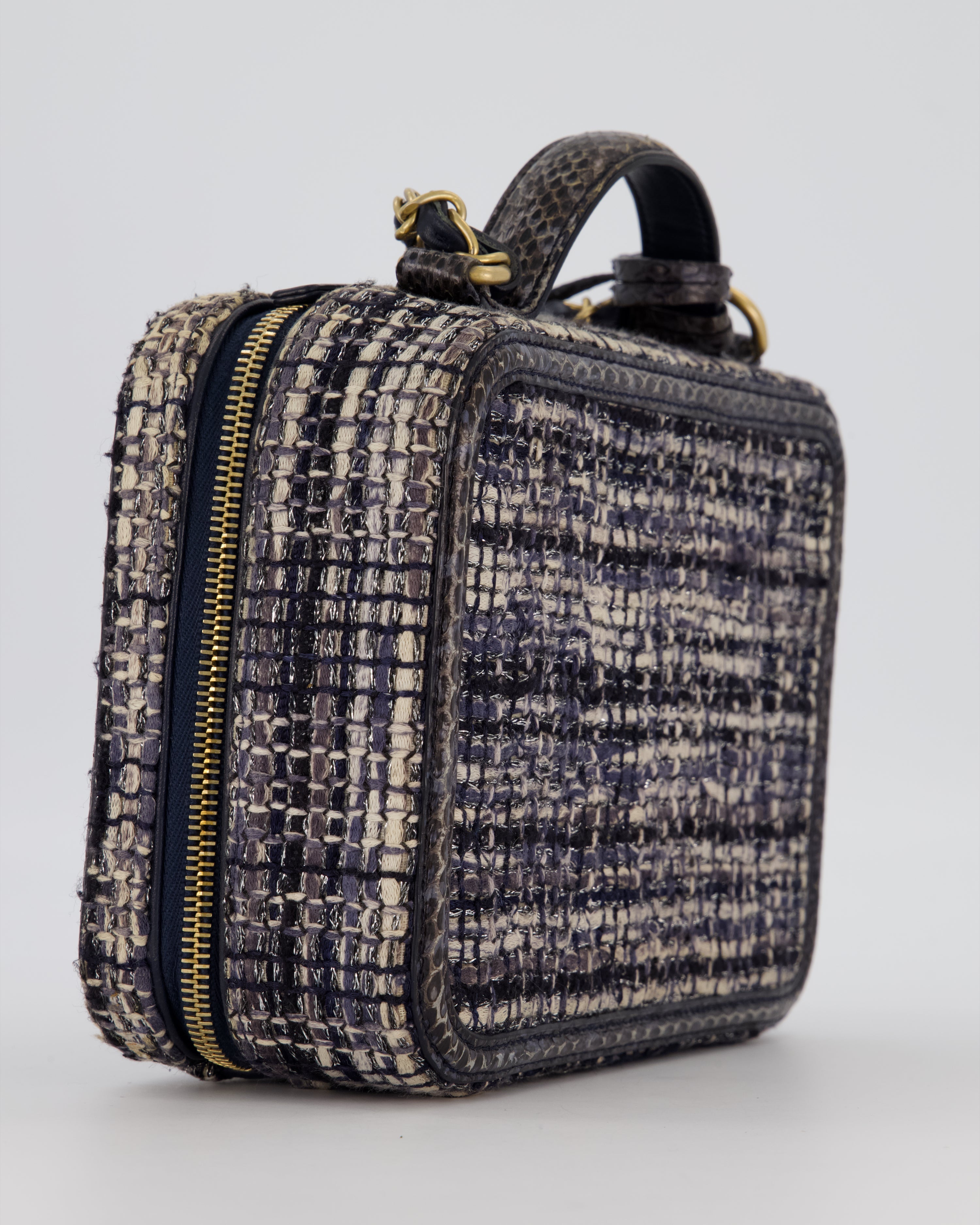 Chanel CC Medium Vanity Case Bag in Navy Tweed and Python Leather with Brushed Gold Hardware
