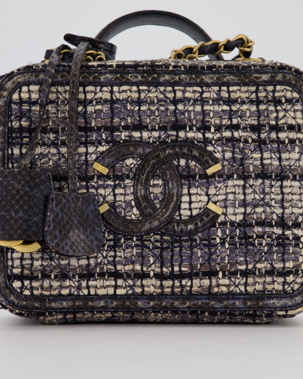 Chanel CC Medium Vanity Case Bag in Navy Tweed and Python Leather with Brushed Gold Hardware