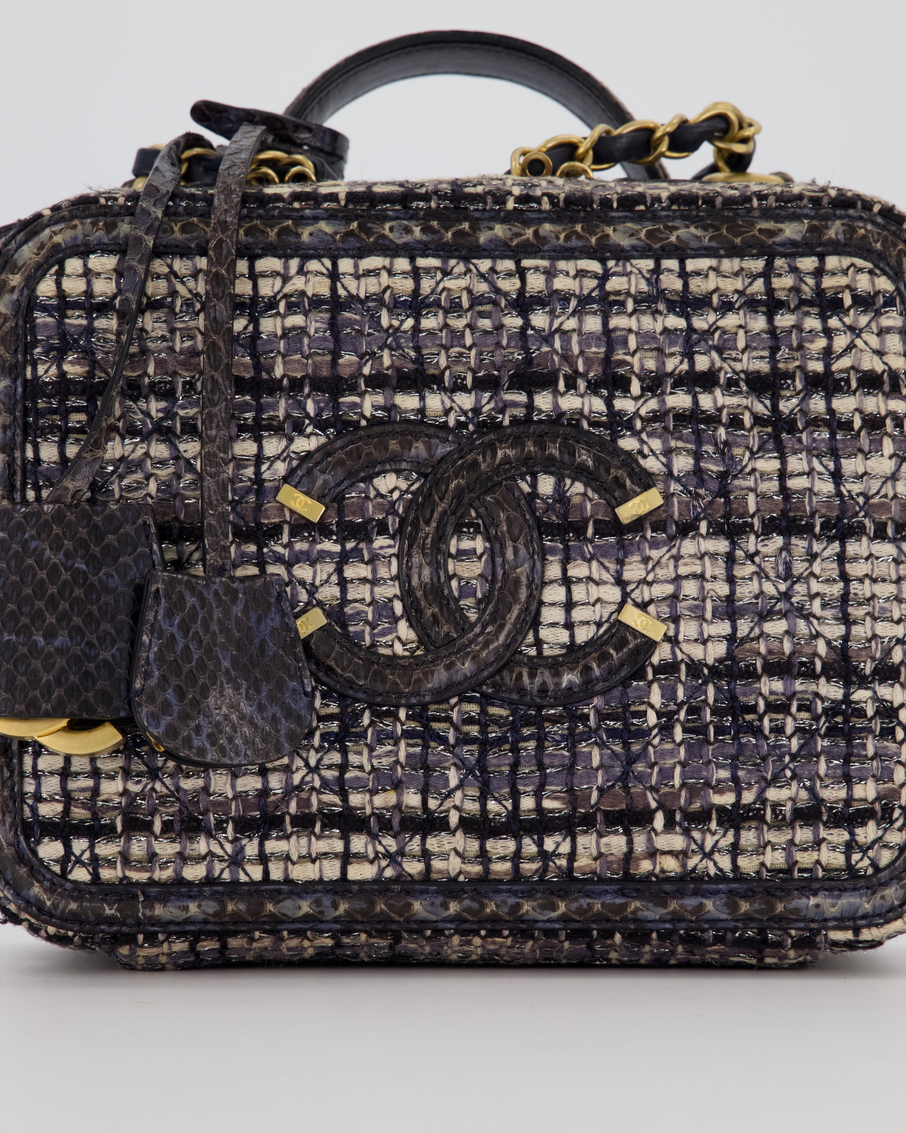 Chanel CC Medium Vanity Case Bag in Navy Tweed and Python Leather with Brushed Gold Hardware
