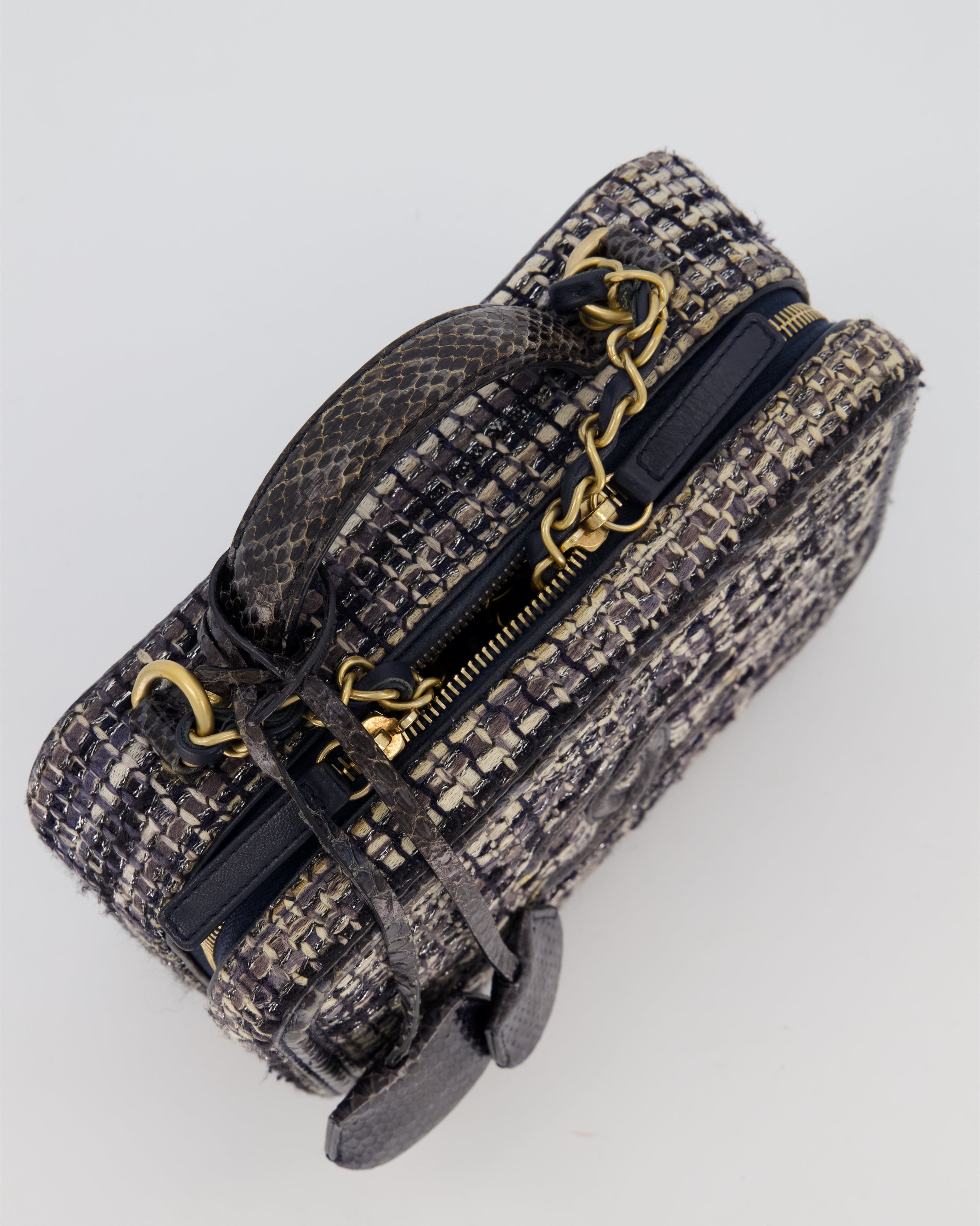 Chanel CC Medium Vanity Case Bag in Navy Tweed and Python Leather with Brushed Gold Hardware