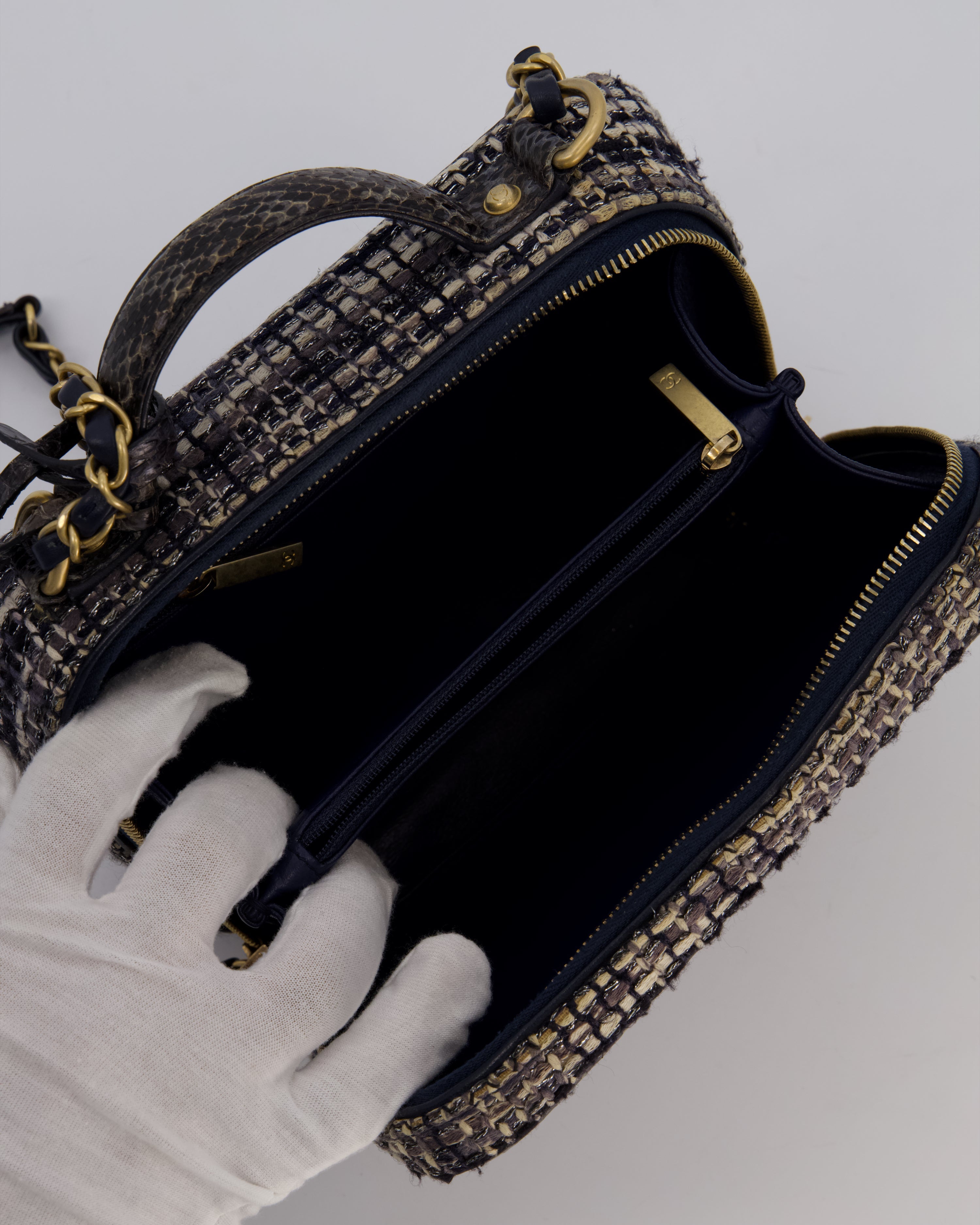 Chanel CC Medium Vanity Case Bag in Navy Tweed and Python Leather with Brushed Gold Hardware