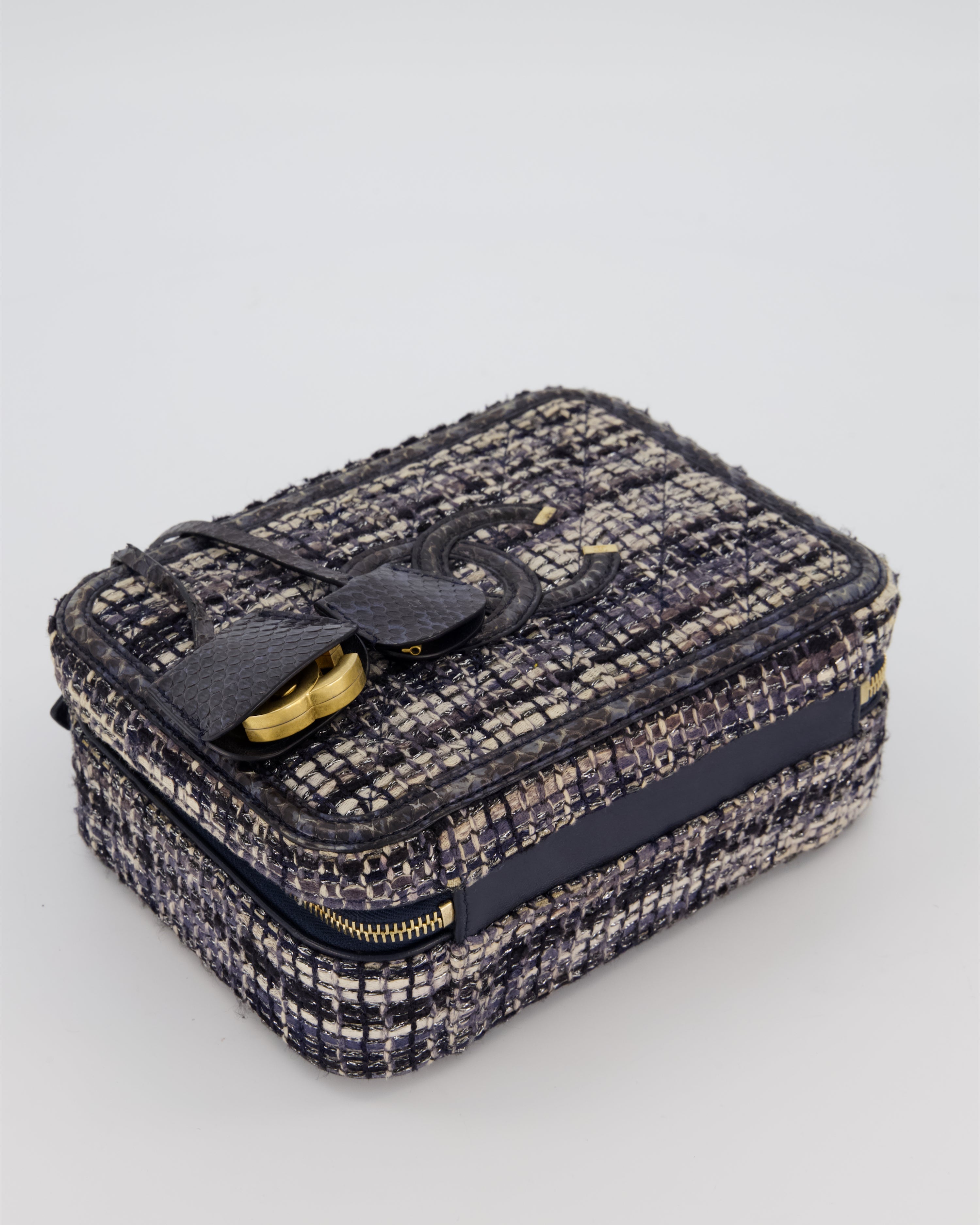 Chanel CC Medium Vanity Case Bag in Navy Tweed and Python Leather with Brushed Gold Hardware