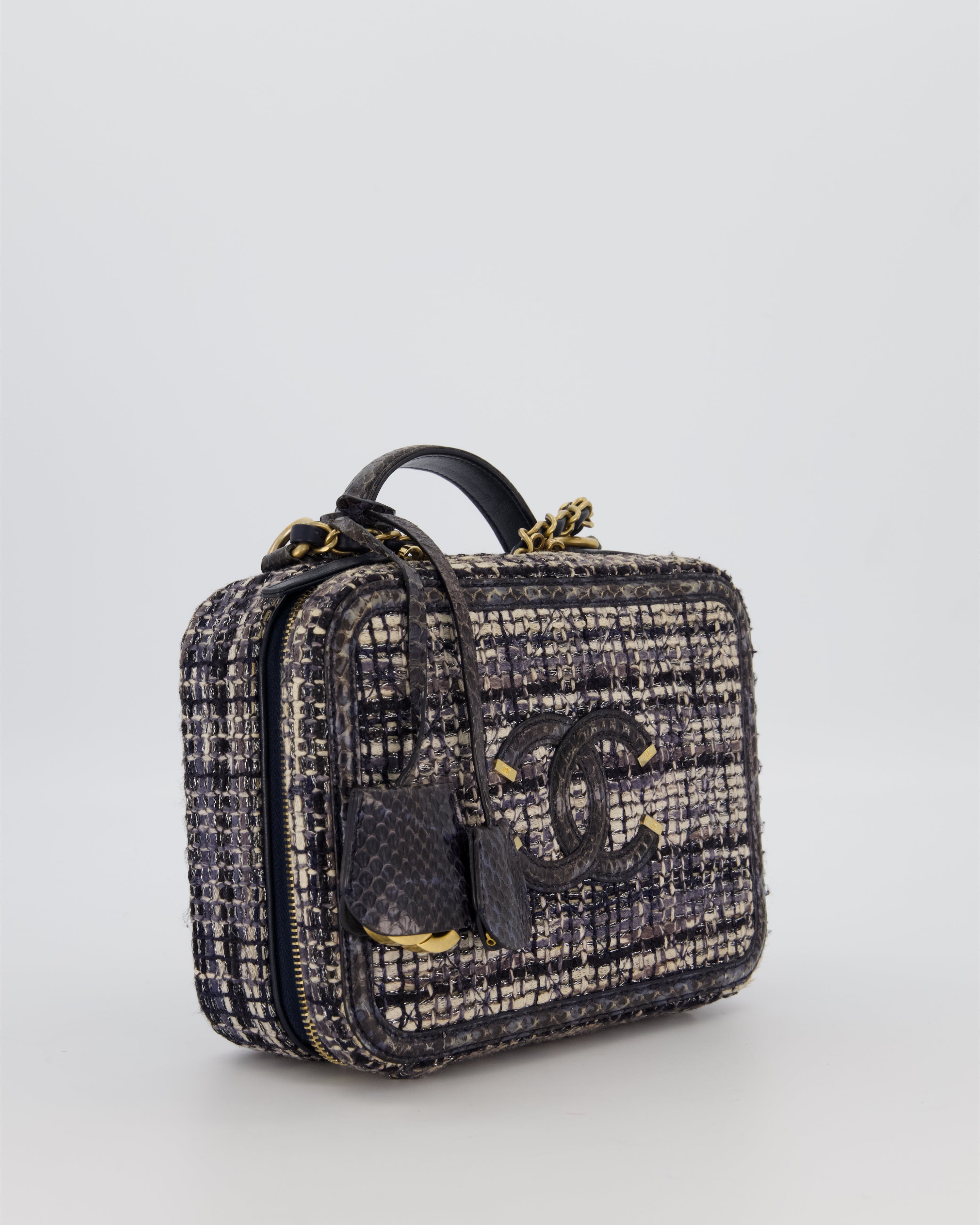 Chanel CC Medium Vanity Case Bag in Navy Tweed and Python Leather with Brushed Gold Hardware