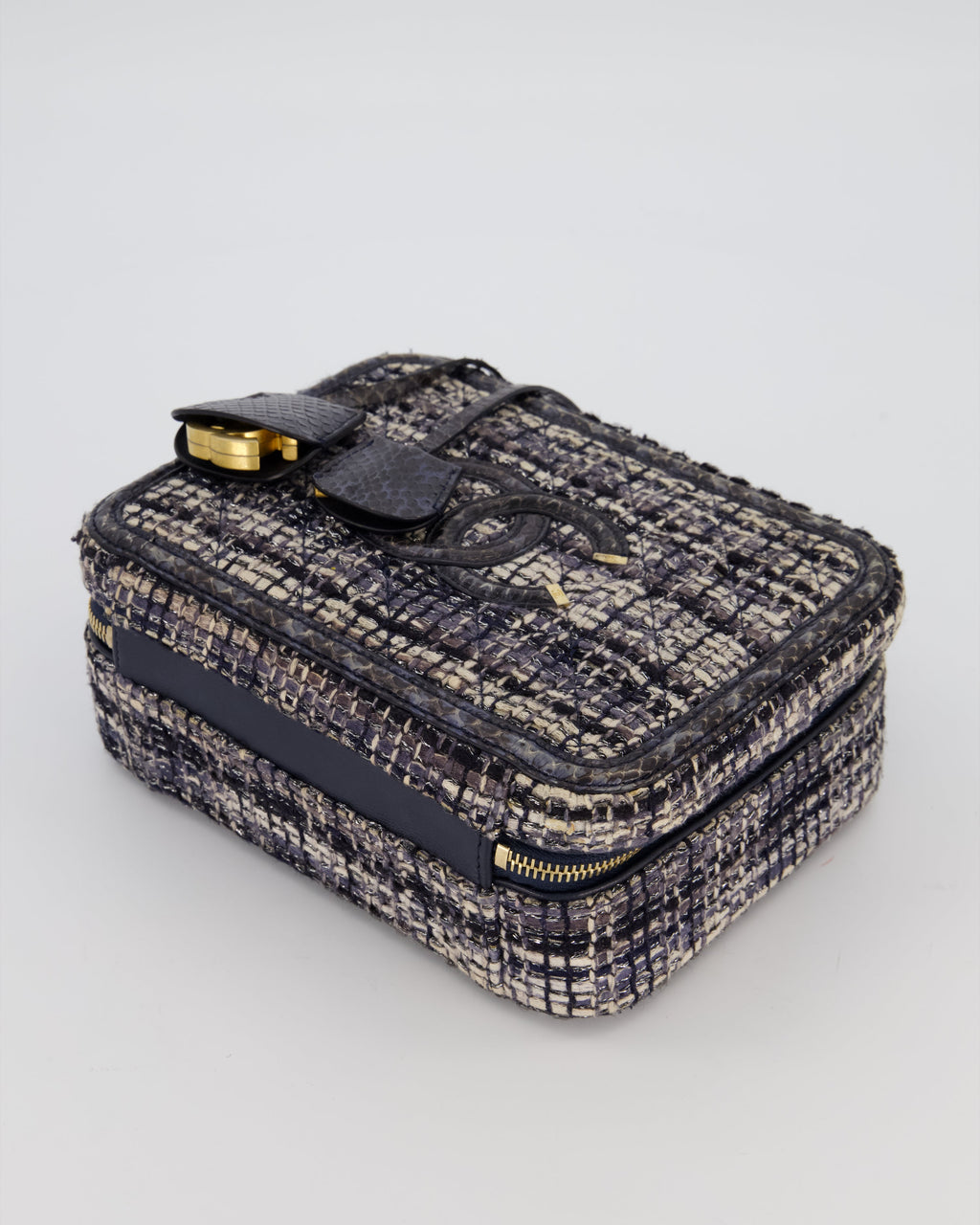Chanel CC Medium Vanity Case Bag in Navy Tweed and Python Leather with Brushed Gold Hardware