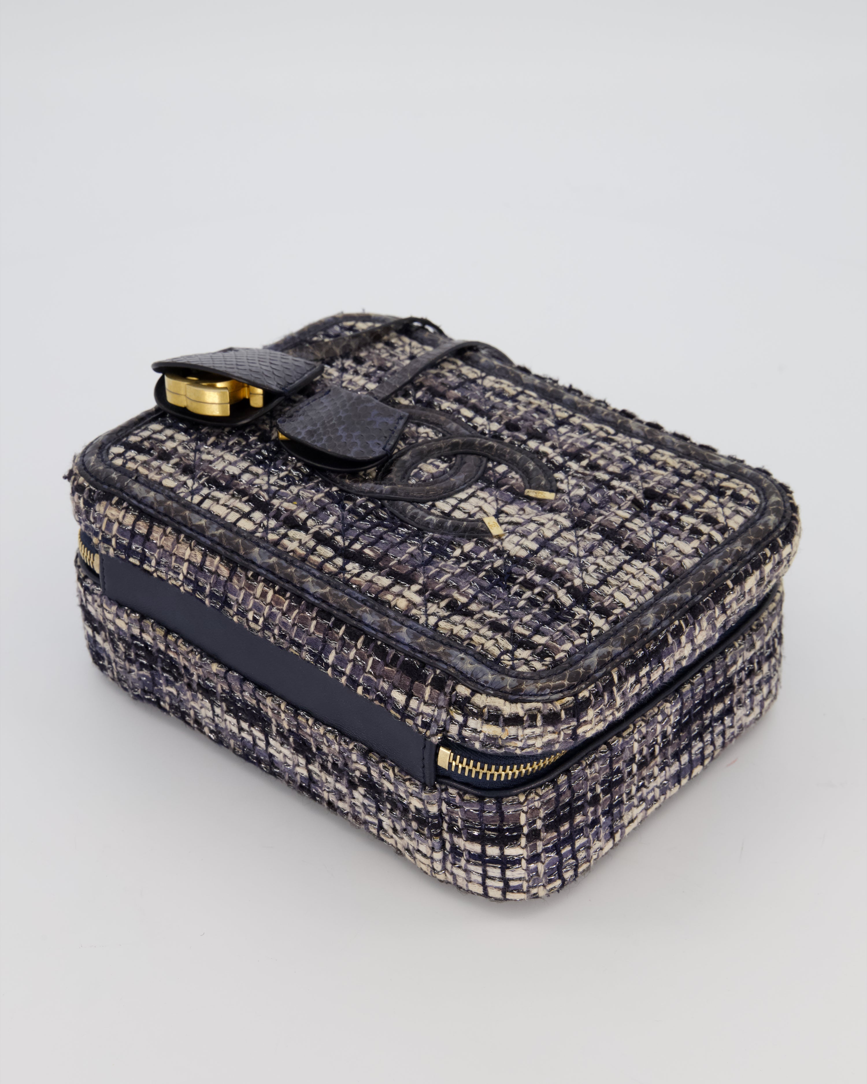 Chanel CC Medium Vanity Case Bag in Navy Tweed and Python Leather with Brushed Gold Hardware