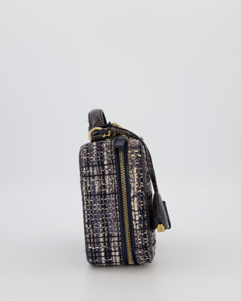 Chanel CC Medium Vanity Case Bag in Navy Tweed and Python Leather with Brushed Gold Hardware