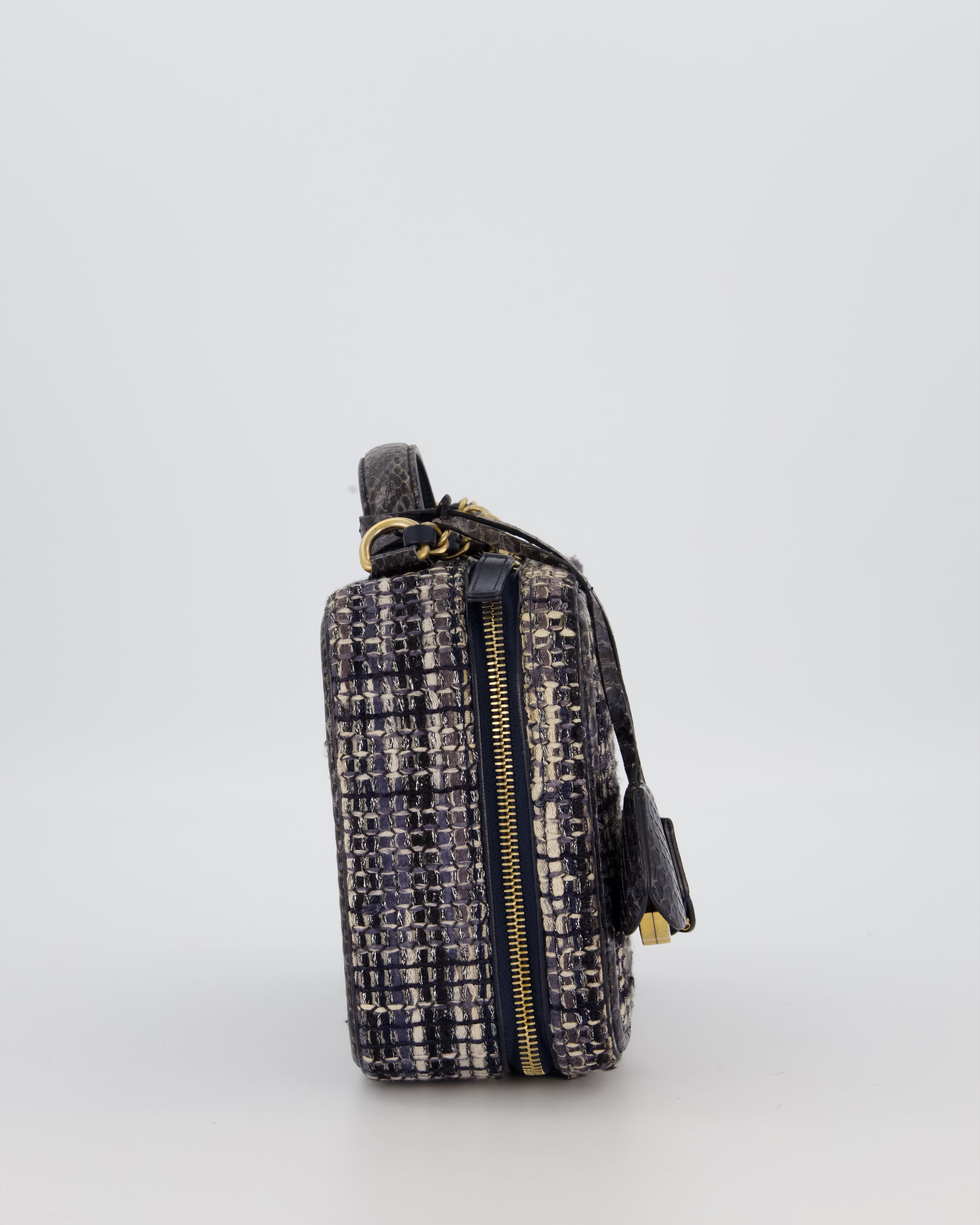 Chanel CC Medium Vanity Case Bag in Navy Tweed and Python Leather with Brushed Gold Hardware