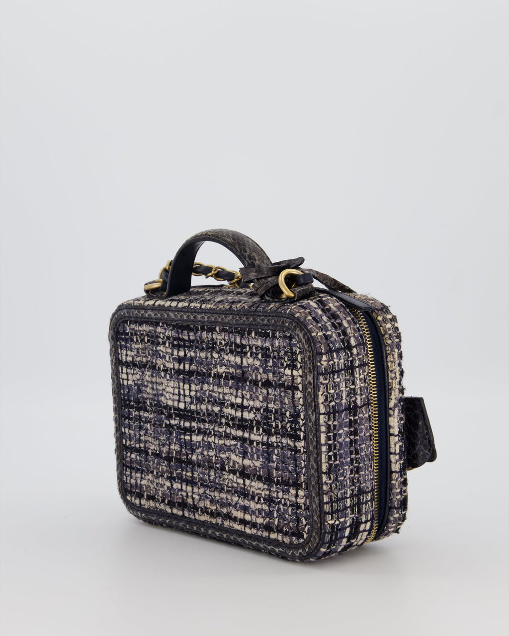 Chanel CC Medium Vanity Case Bag in Navy Tweed and Python Leather with Brushed Gold Hardware