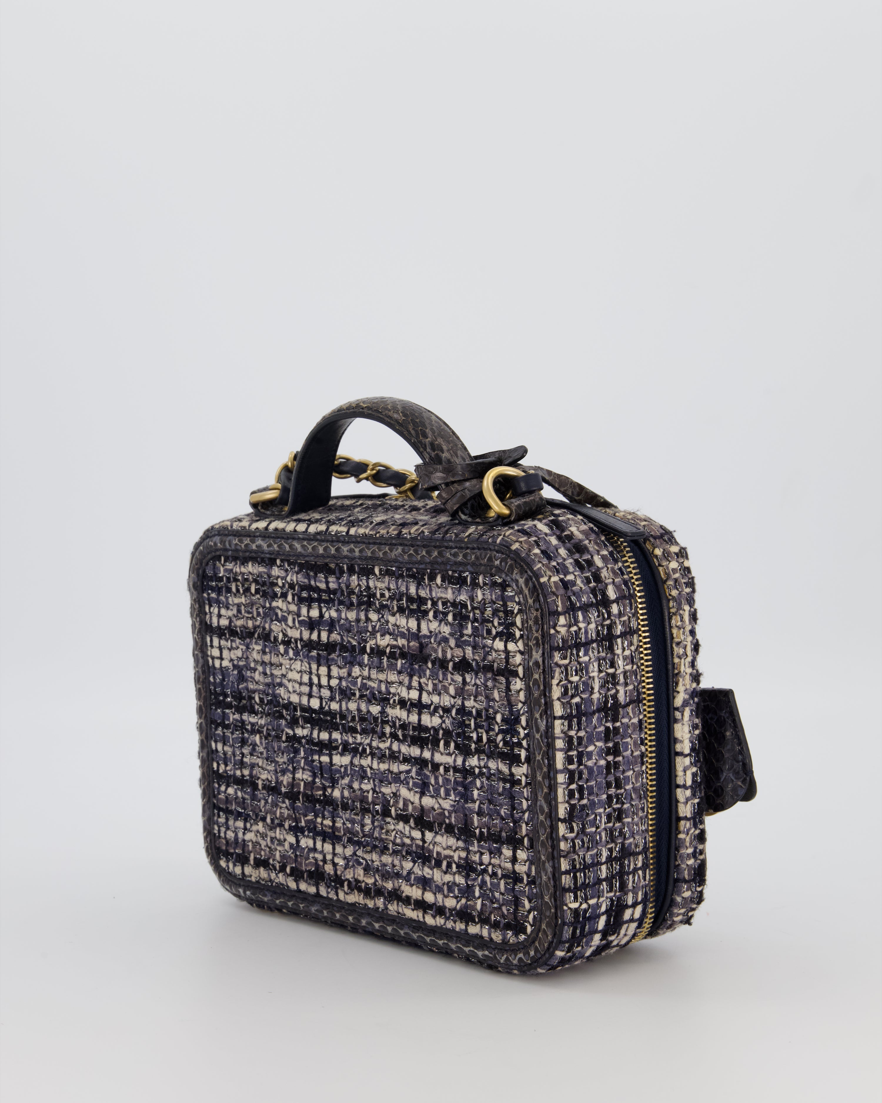 Chanel CC Medium Vanity Case Bag in Navy Tweed and Python Leather with Brushed Gold Hardware