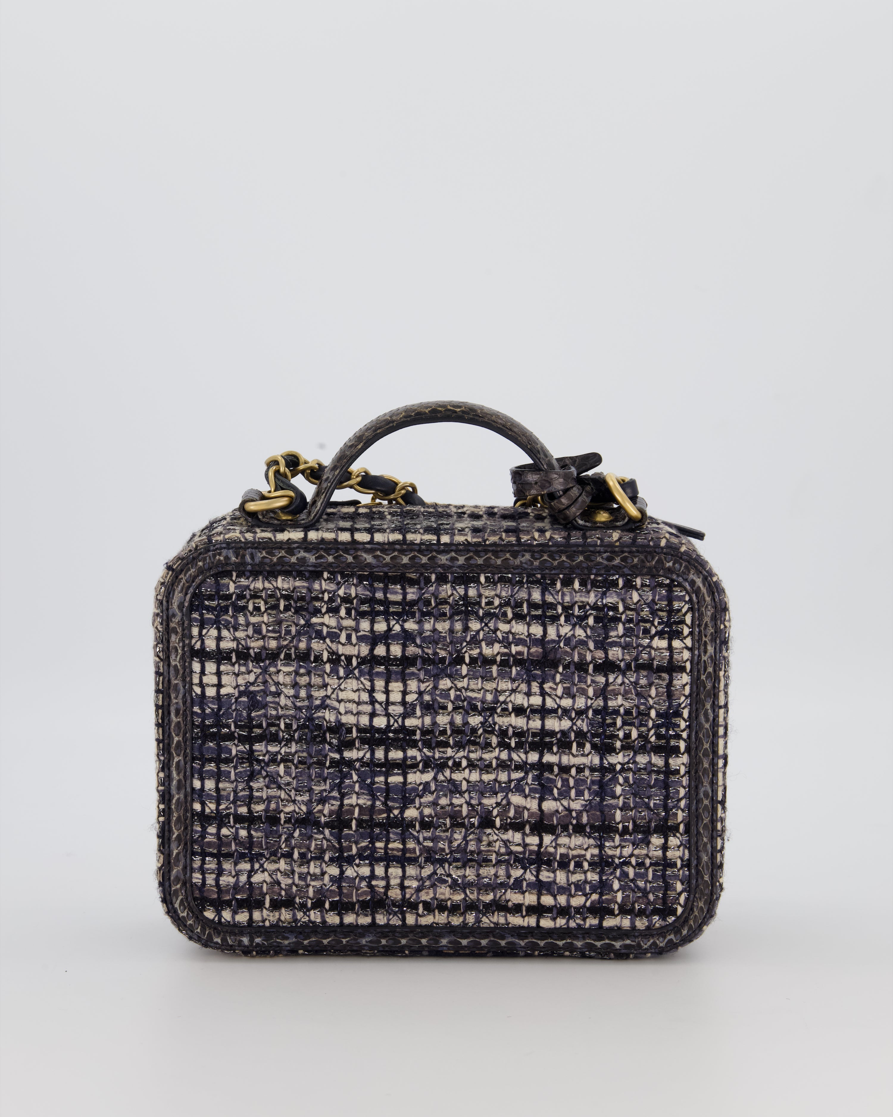 Chanel CC Medium Vanity Case Bag in Navy Tweed and Python Leather with Brushed Gold Hardware