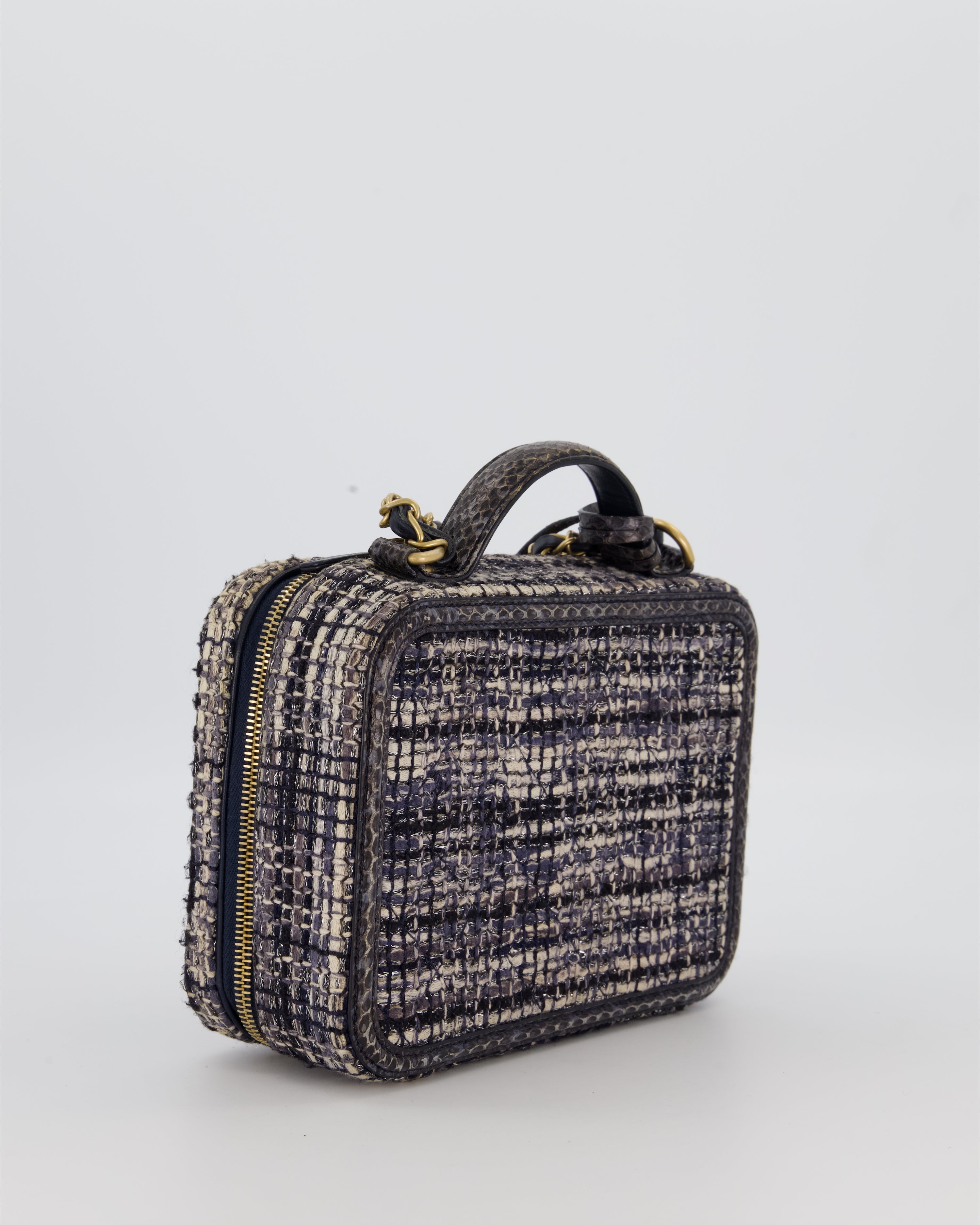 Chanel CC Medium Vanity Case Bag in Navy Tweed and Python Leather with Brushed Gold Hardware