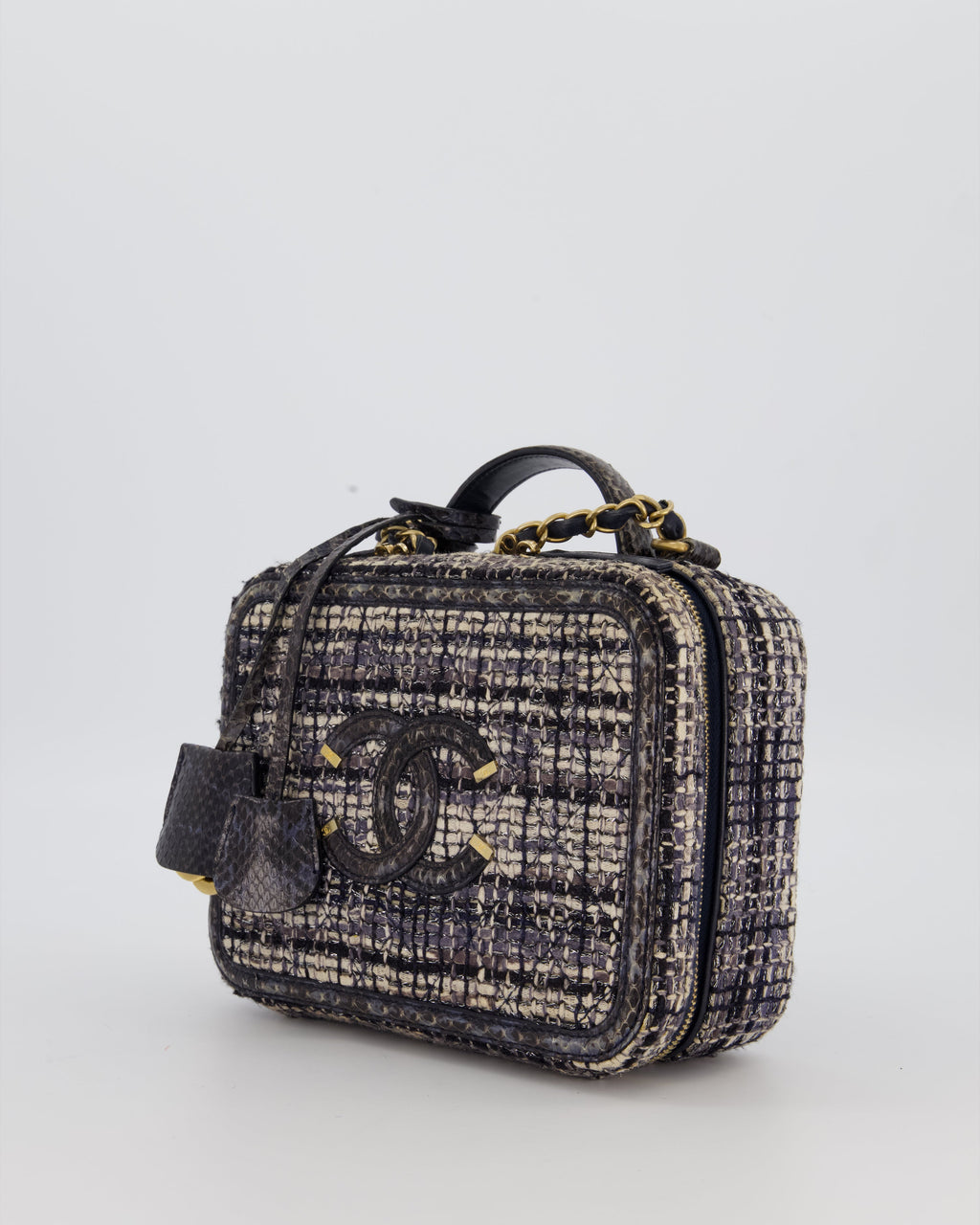 Chanel CC Medium Vanity Case Bag in Navy Tweed and Python Leather with Brushed Gold Hardware
