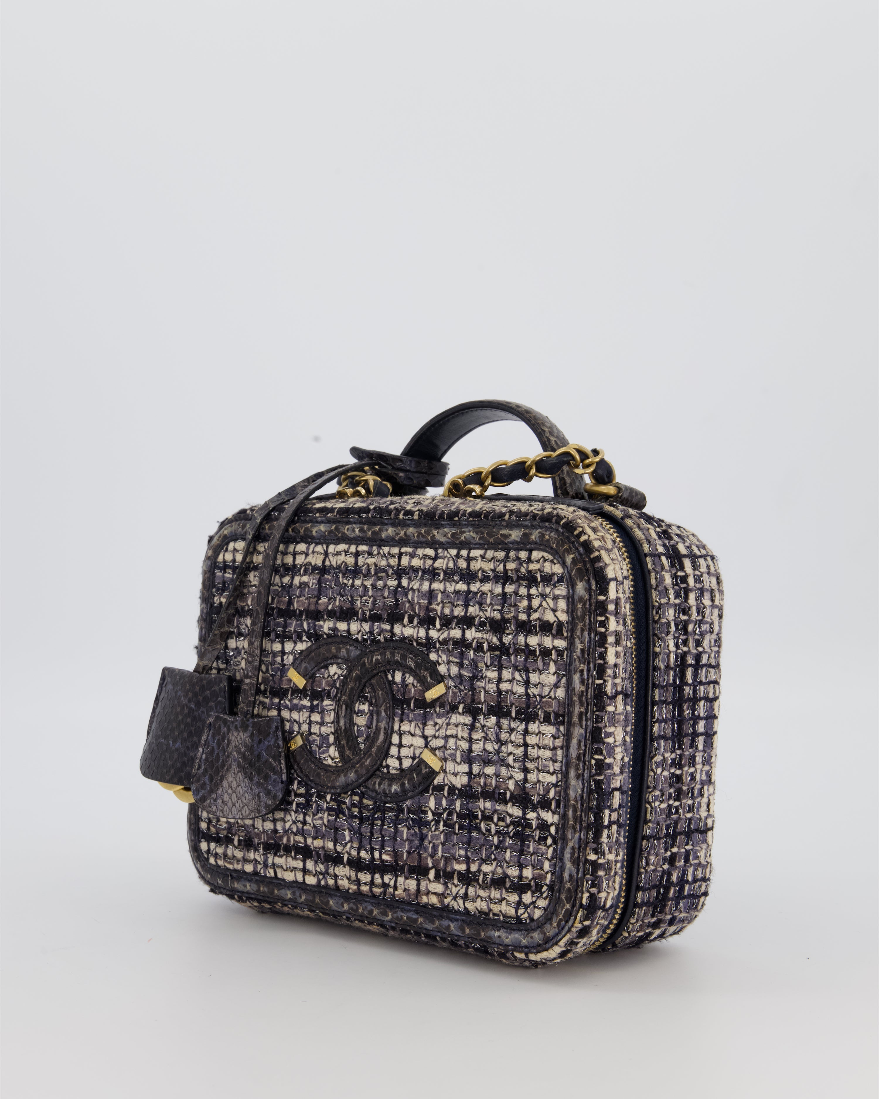 Chanel CC Medium Vanity Case Bag in Navy Tweed and Python Leather with Brushed Gold Hardware