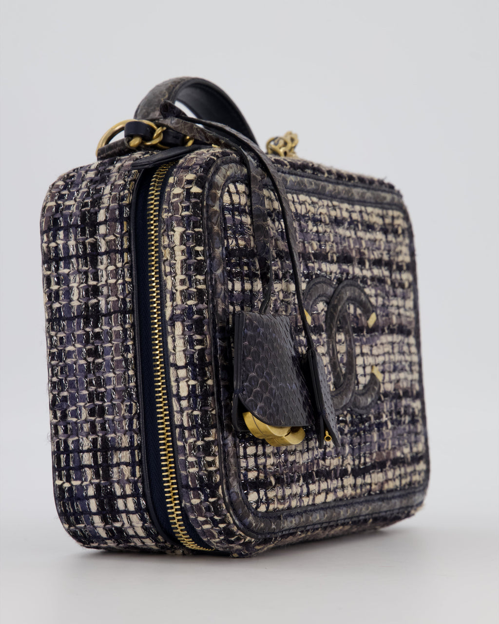 Chanel CC Medium Vanity Case Bag in Navy Tweed and Python Leather with Brushed Gold Hardware