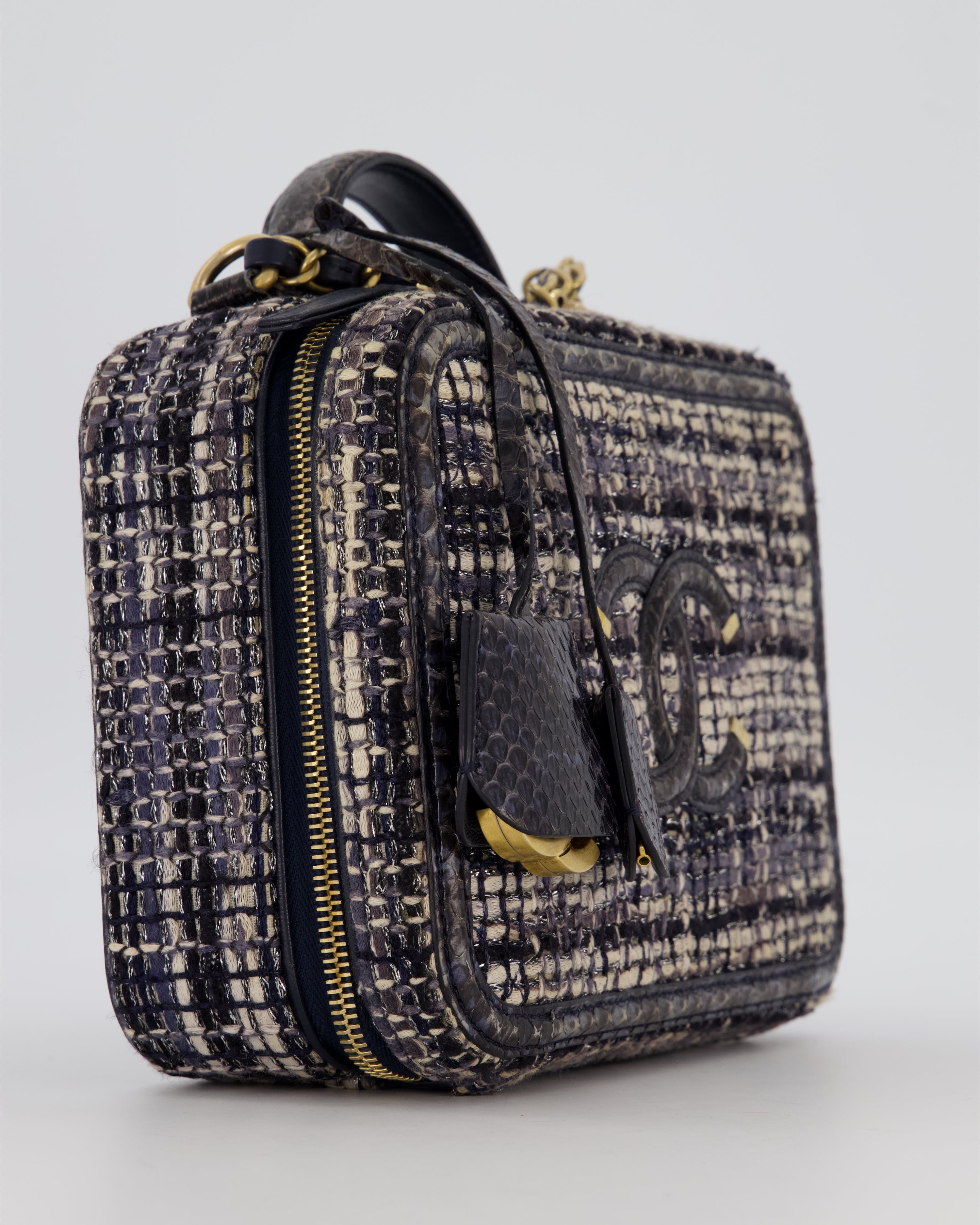 Chanel CC Medium Vanity Case Bag in Navy Tweed and Python Leather with Brushed Gold Hardware
