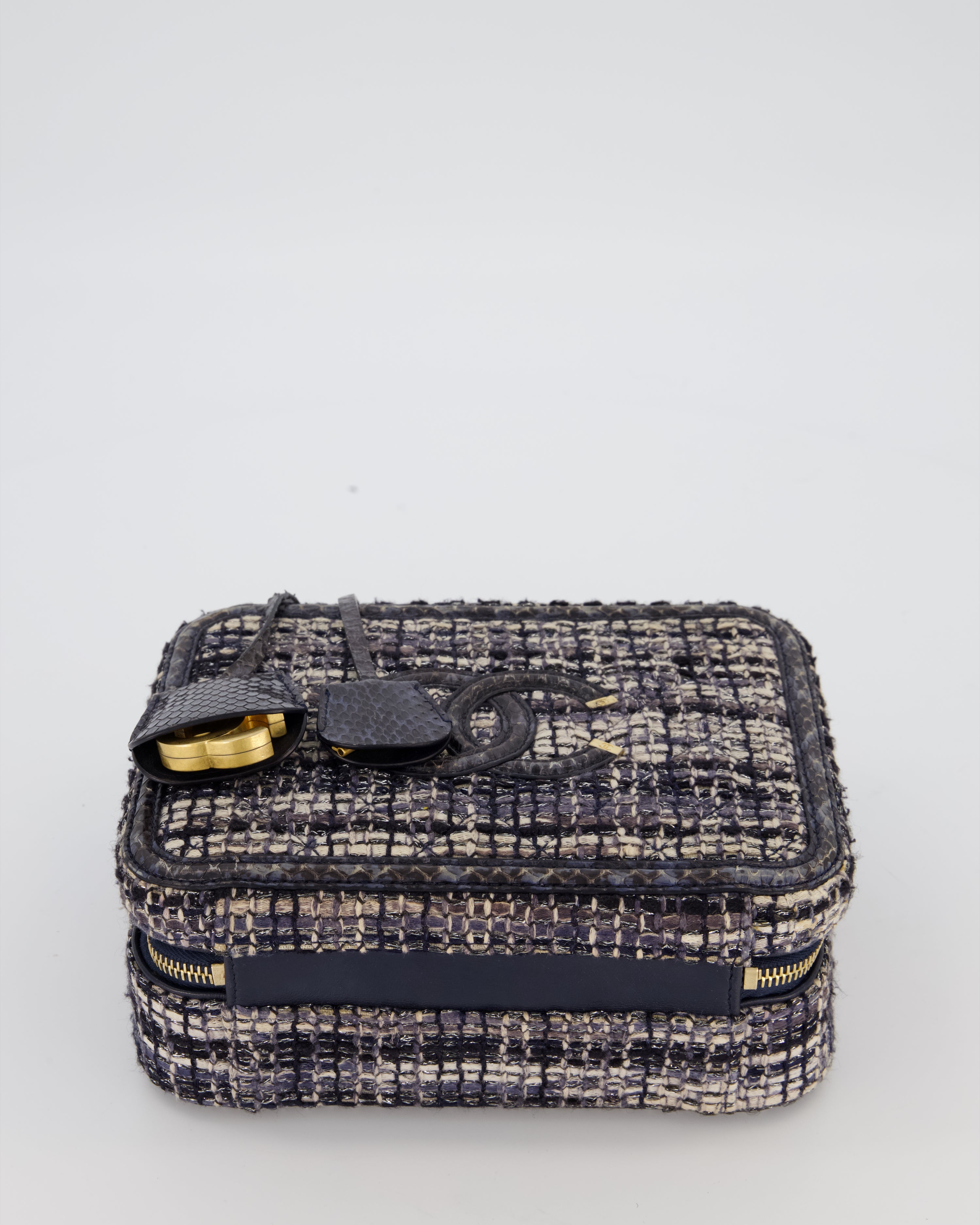Chanel CC Medium Vanity Case Bag in Navy Tweed and Python Leather with Brushed Gold Hardware