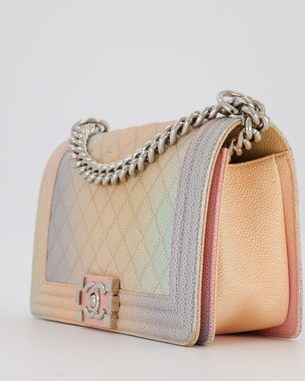 Chanel Medium Boy Bag in Patel Rainbow Caviar Leather withvSilver and Pink Enamel Hardware