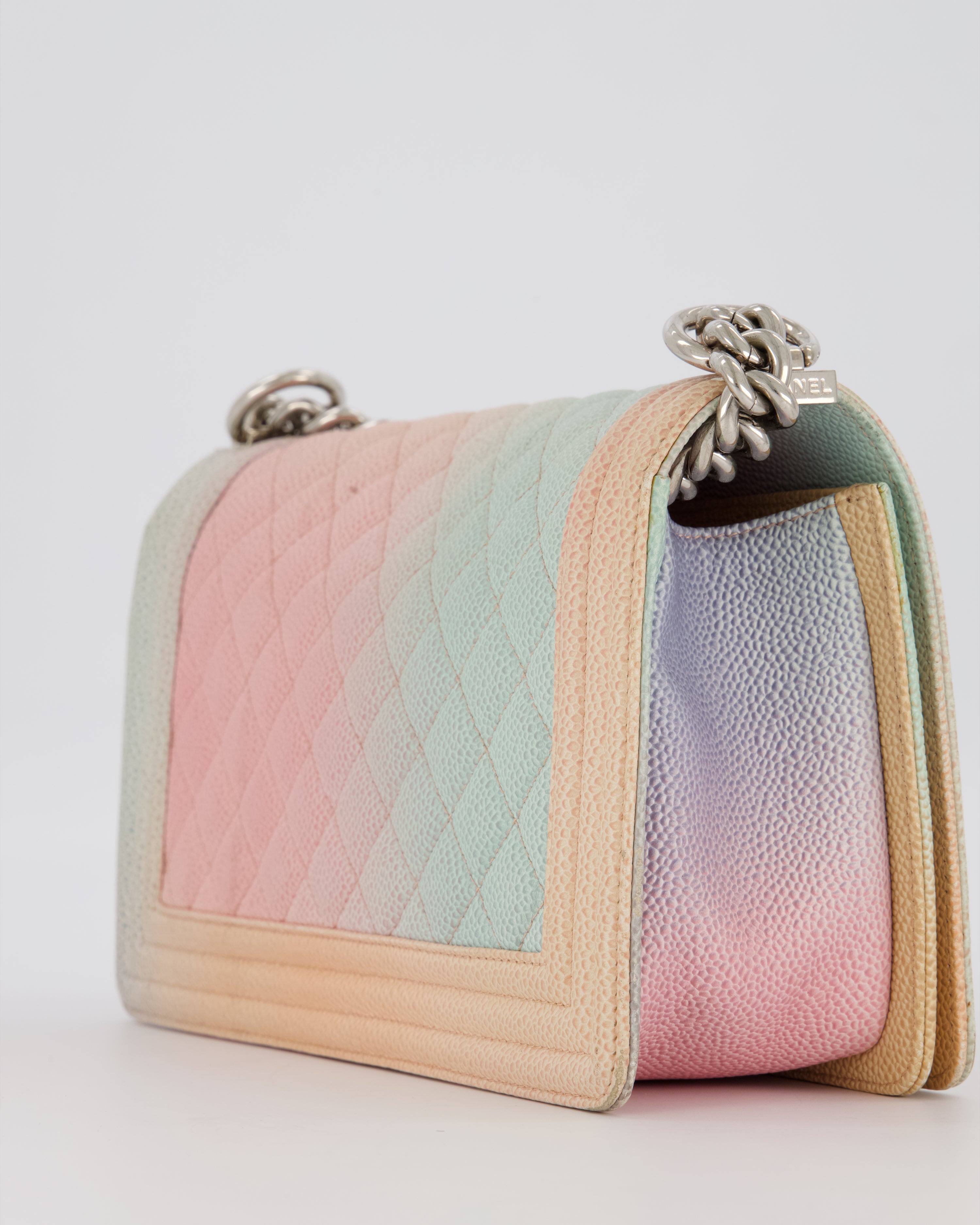 Chanel Medium Boy Bag in Patel Rainbow Caviar Leather withvSilver and Pink Enamel Hardware