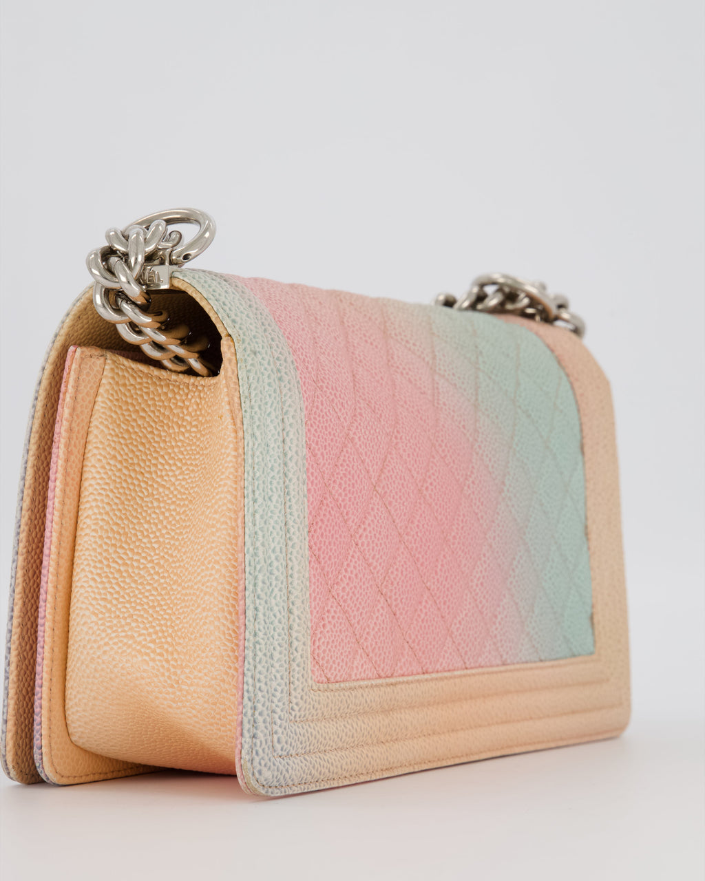 Chanel Medium Boy Bag in Patel Rainbow Caviar Leather withvSilver and Pink Enamel Hardware
