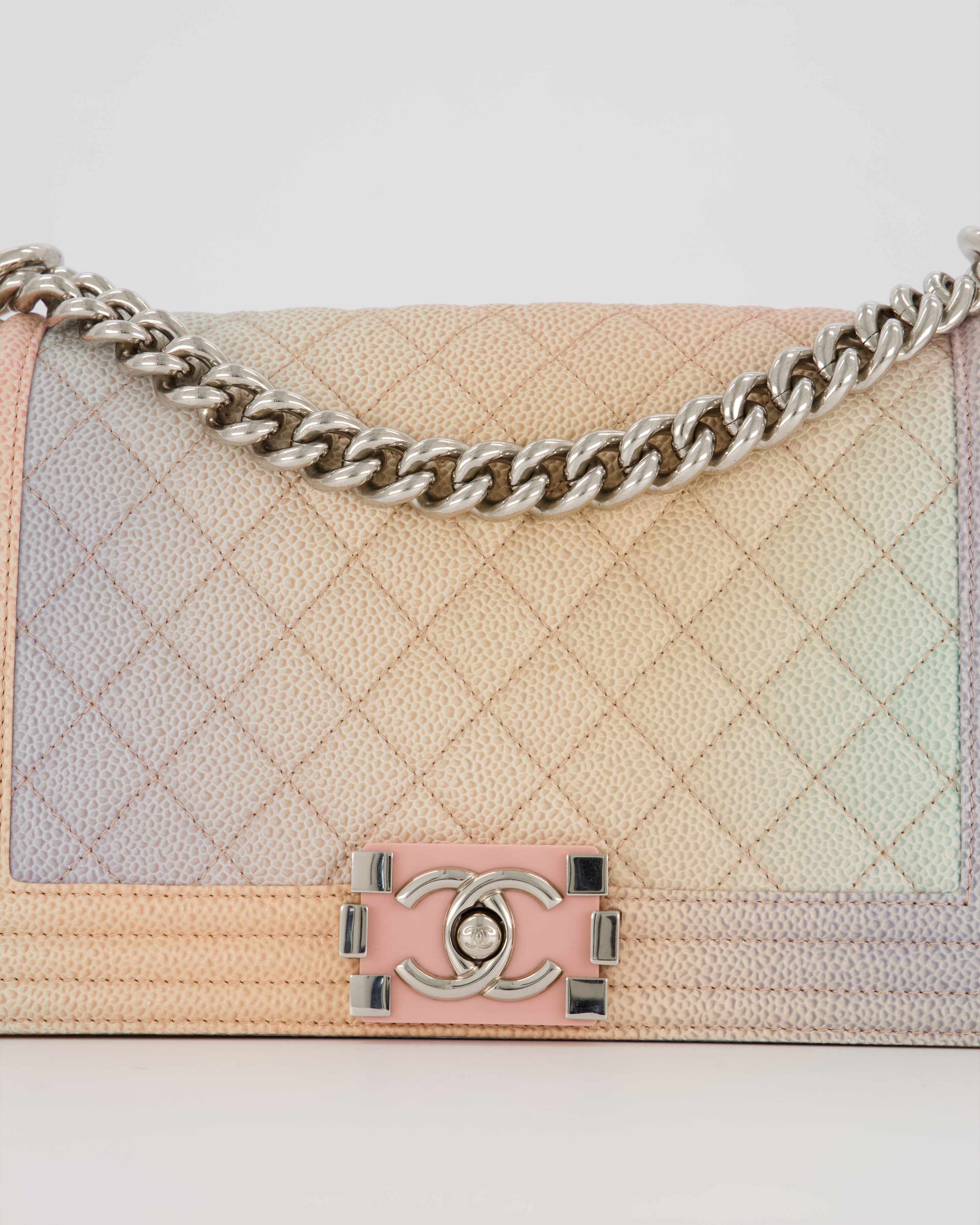 Chanel Medium Boy Bag in Patel Rainbow Caviar Leather withvSilver and Pink Enamel Hardware