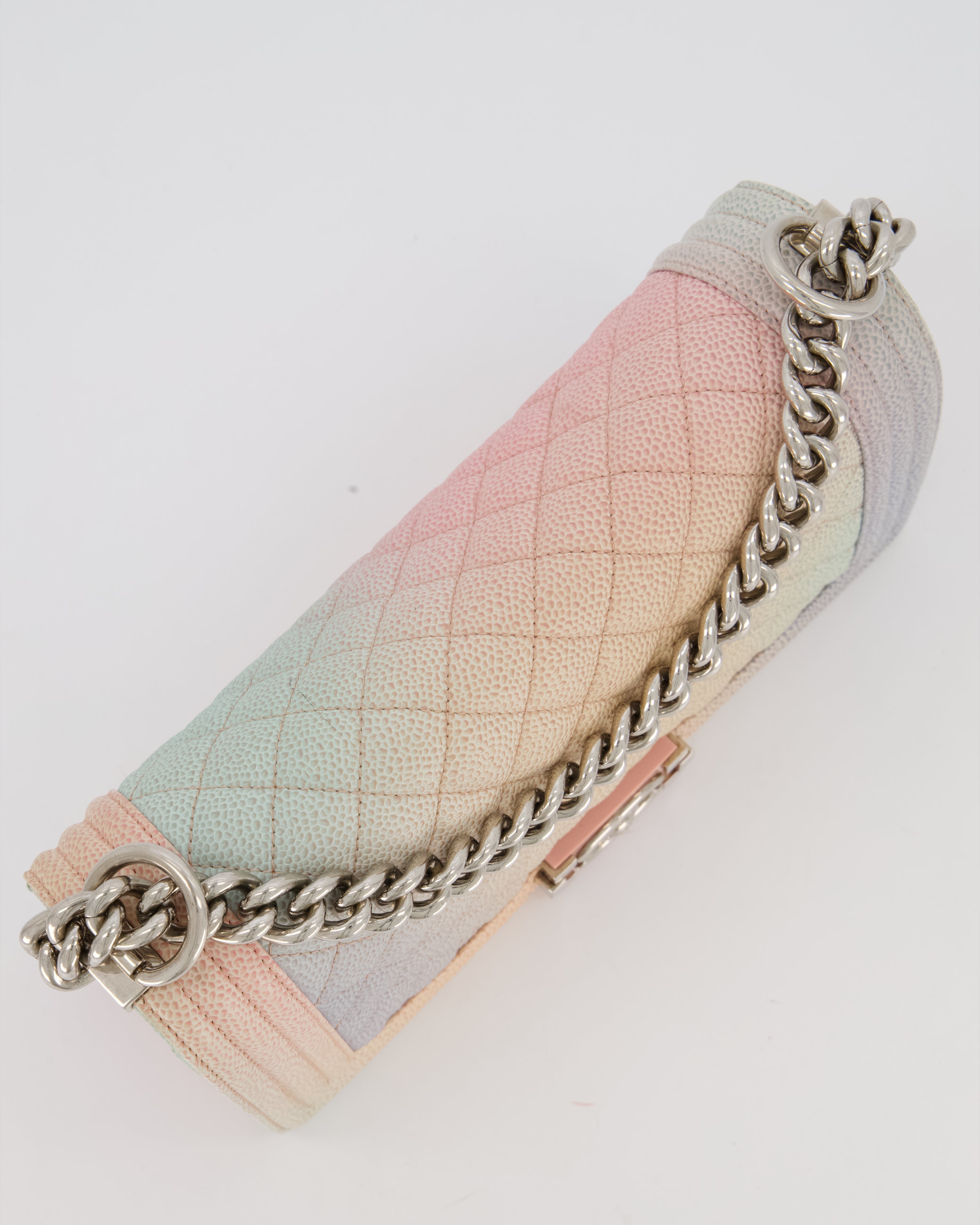 Chanel Medium Boy Bag in Patel Rainbow Caviar Leather withvSilver and Pink Enamel Hardware