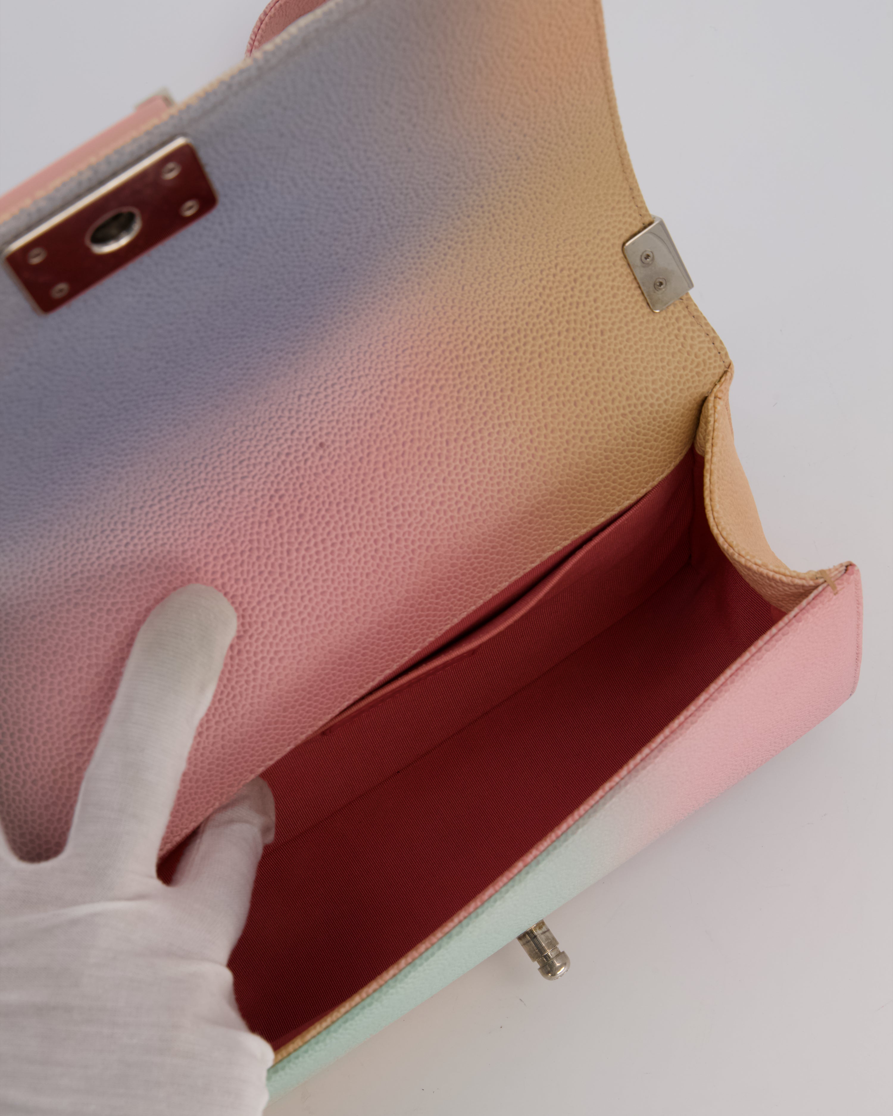 Chanel Medium Boy Bag in Patel Rainbow Caviar Leather withvSilver and Pink Enamel Hardware
