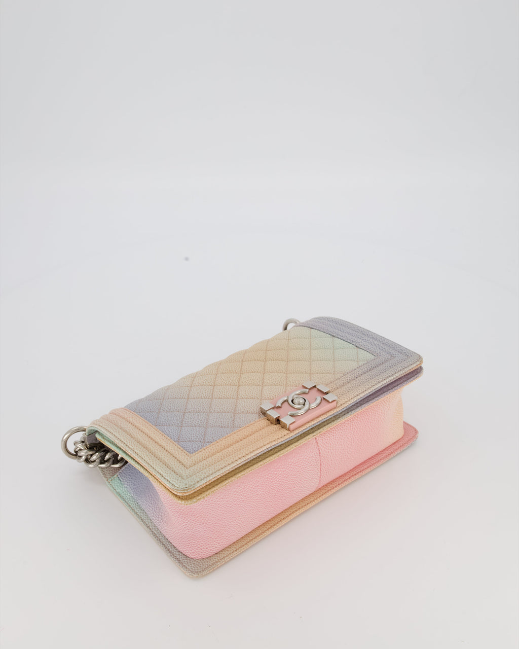 Chanel Medium Boy Bag in Patel Rainbow Caviar Leather withvSilver and Pink Enamel Hardware