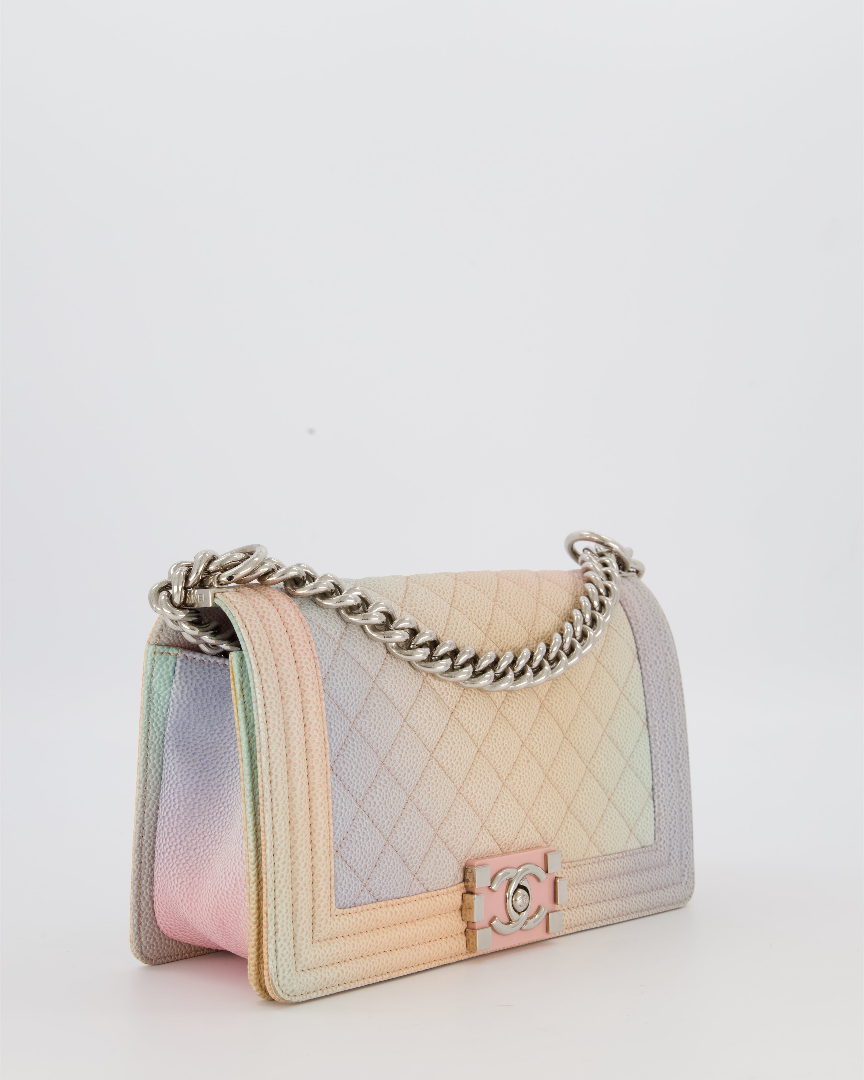 Chanel Medium Boy Bag in Patel Rainbow Caviar Leather withvSilver and Pink Enamel Hardware
