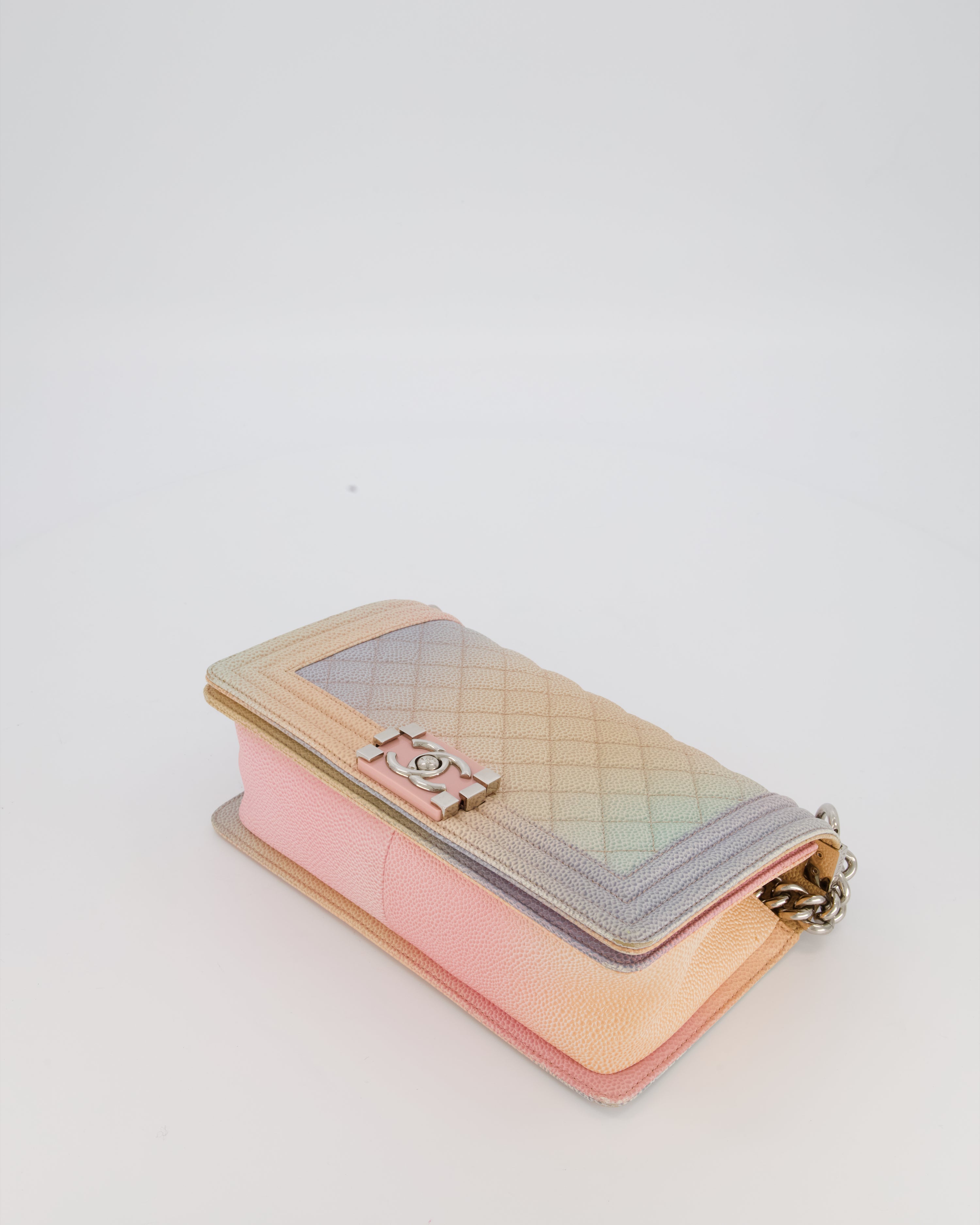 Chanel Medium Boy Bag in Patel Rainbow Caviar Leather withvSilver and Pink Enamel Hardware