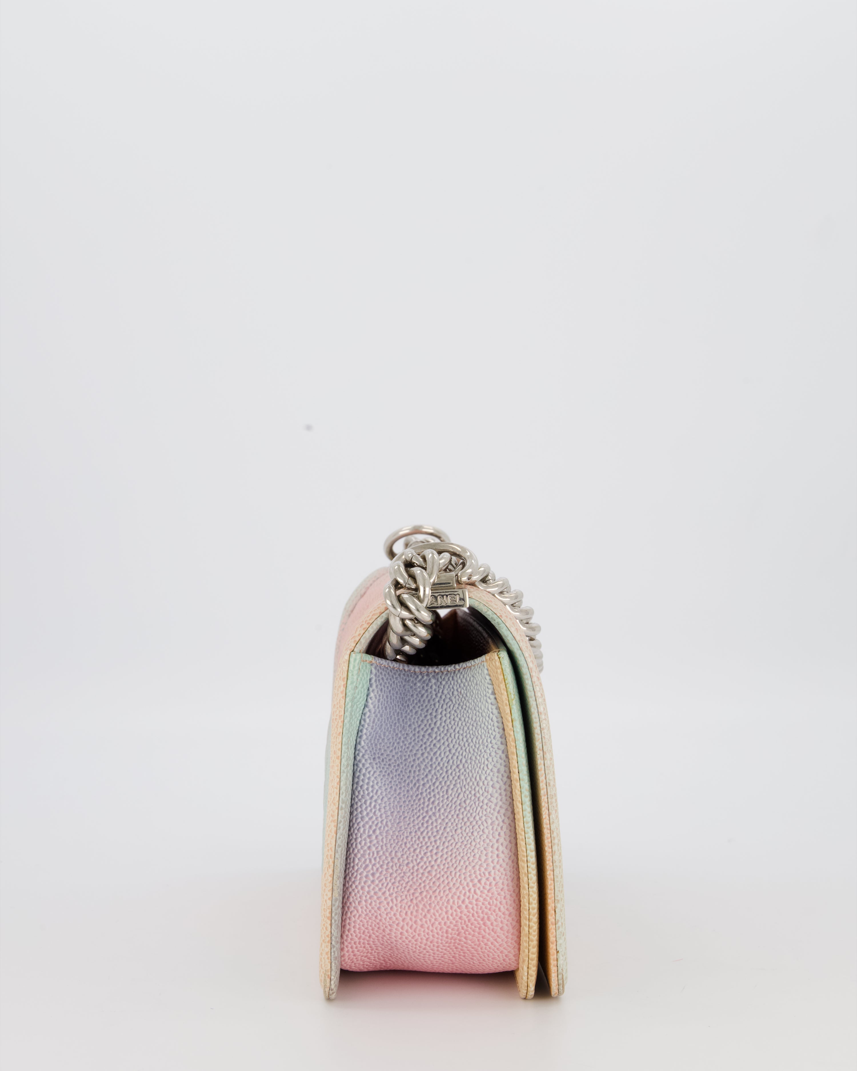 Chanel Medium Boy Bag in Patel Rainbow Caviar Leather withvSilver and Pink Enamel Hardware